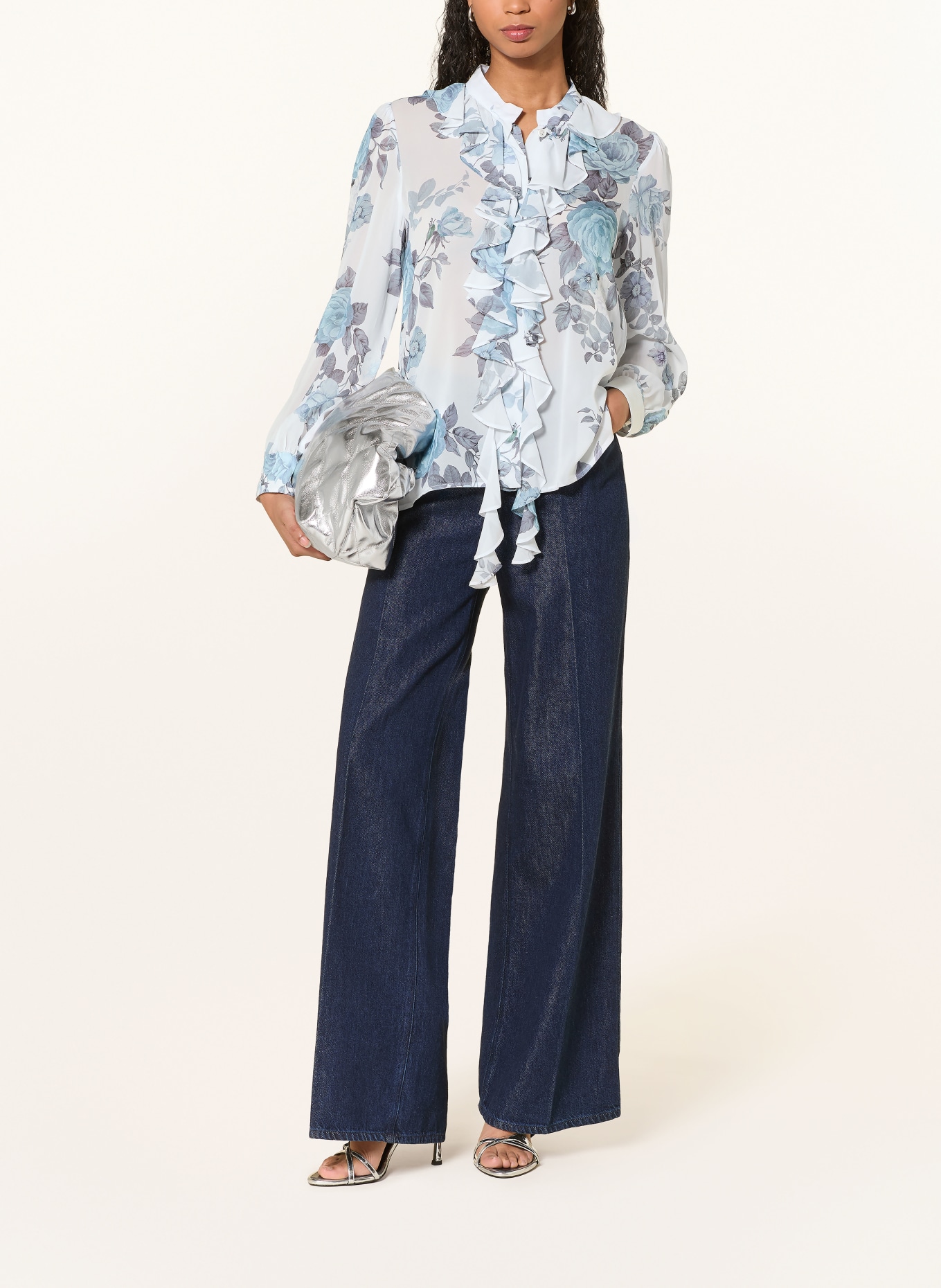 MARELLA Blůza s volánky: TMAVĚ MODRÁ / TMAVĚ MODRÁ / BÍLÁ