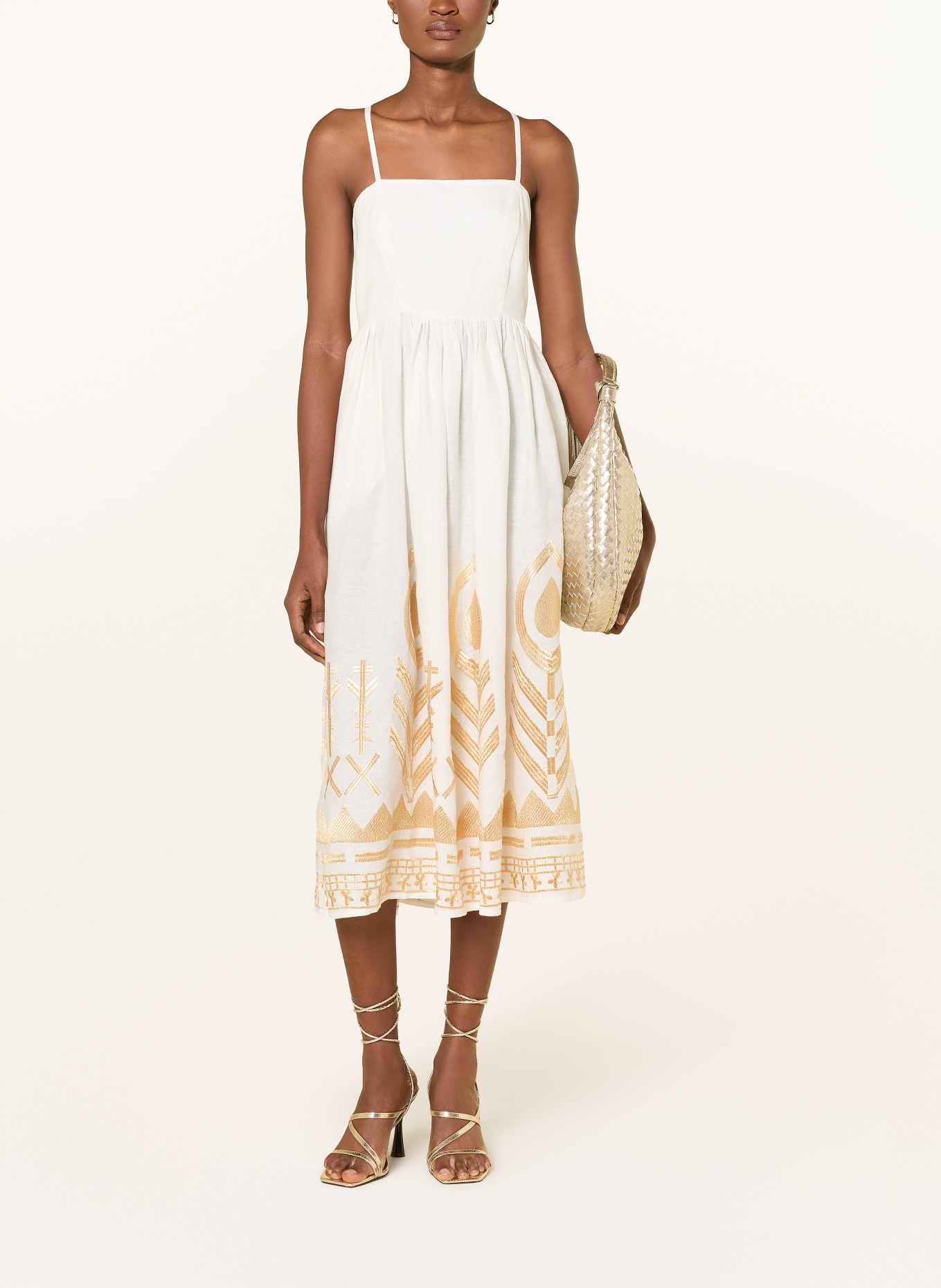 Greek Archaic Kori FEATHER linen beach dress with glitter thread: WHITE / GOLD