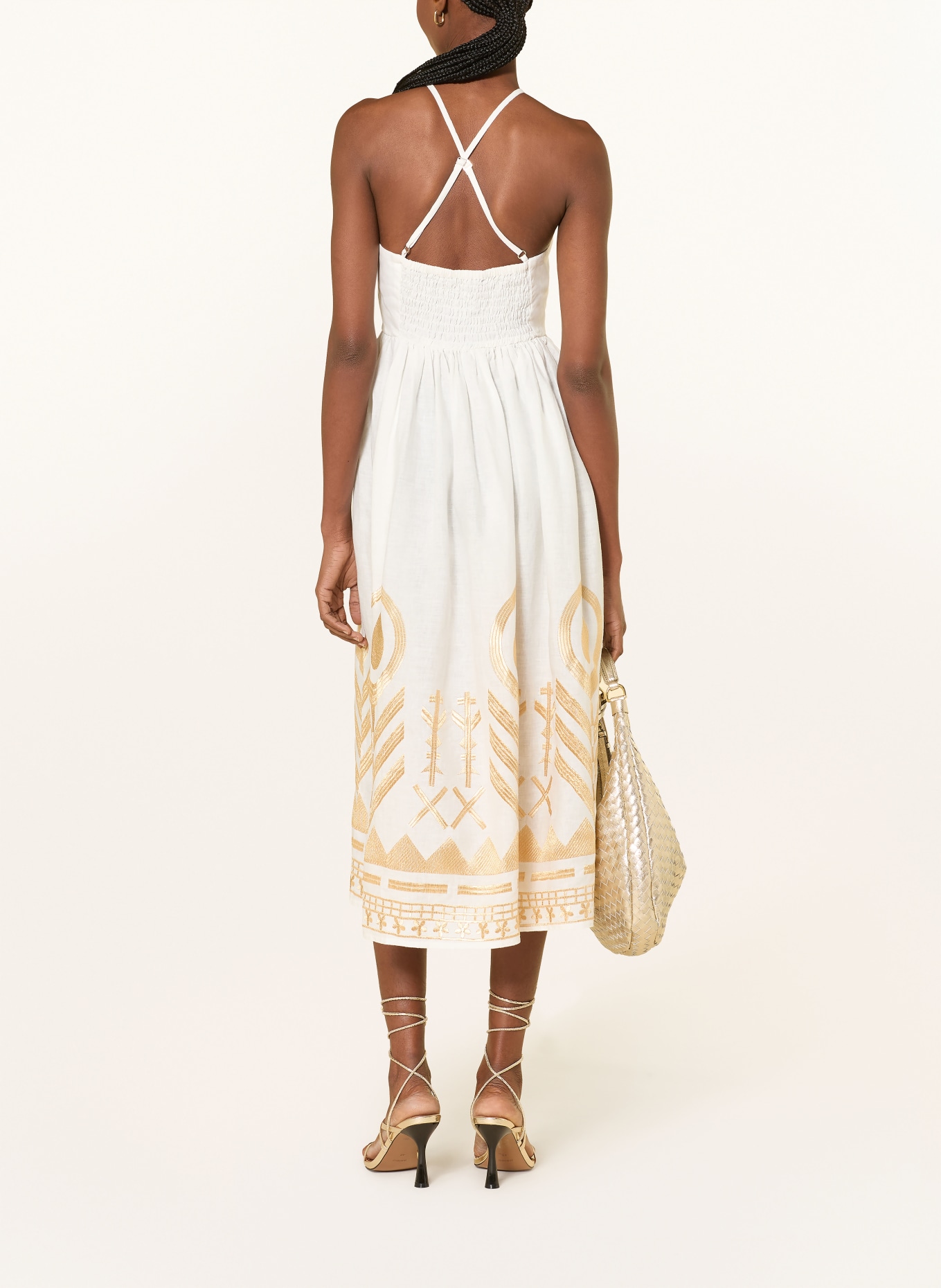 Greek Archaic Kori FEATHER linen beach dress with glitter thread: WHITE / GOLD