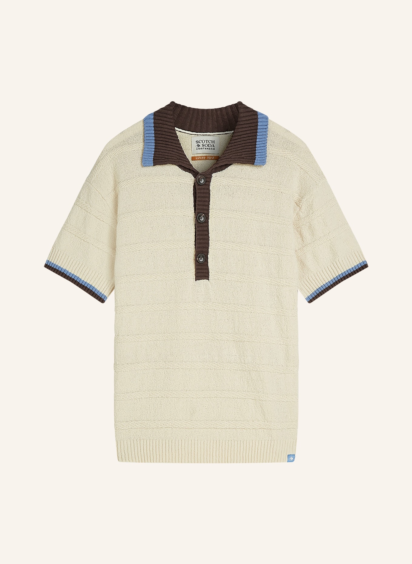 SCOTCH & SODA Strick-Poloshirt Loose Fit: CREME / DUNKELBRAUN / BLAU