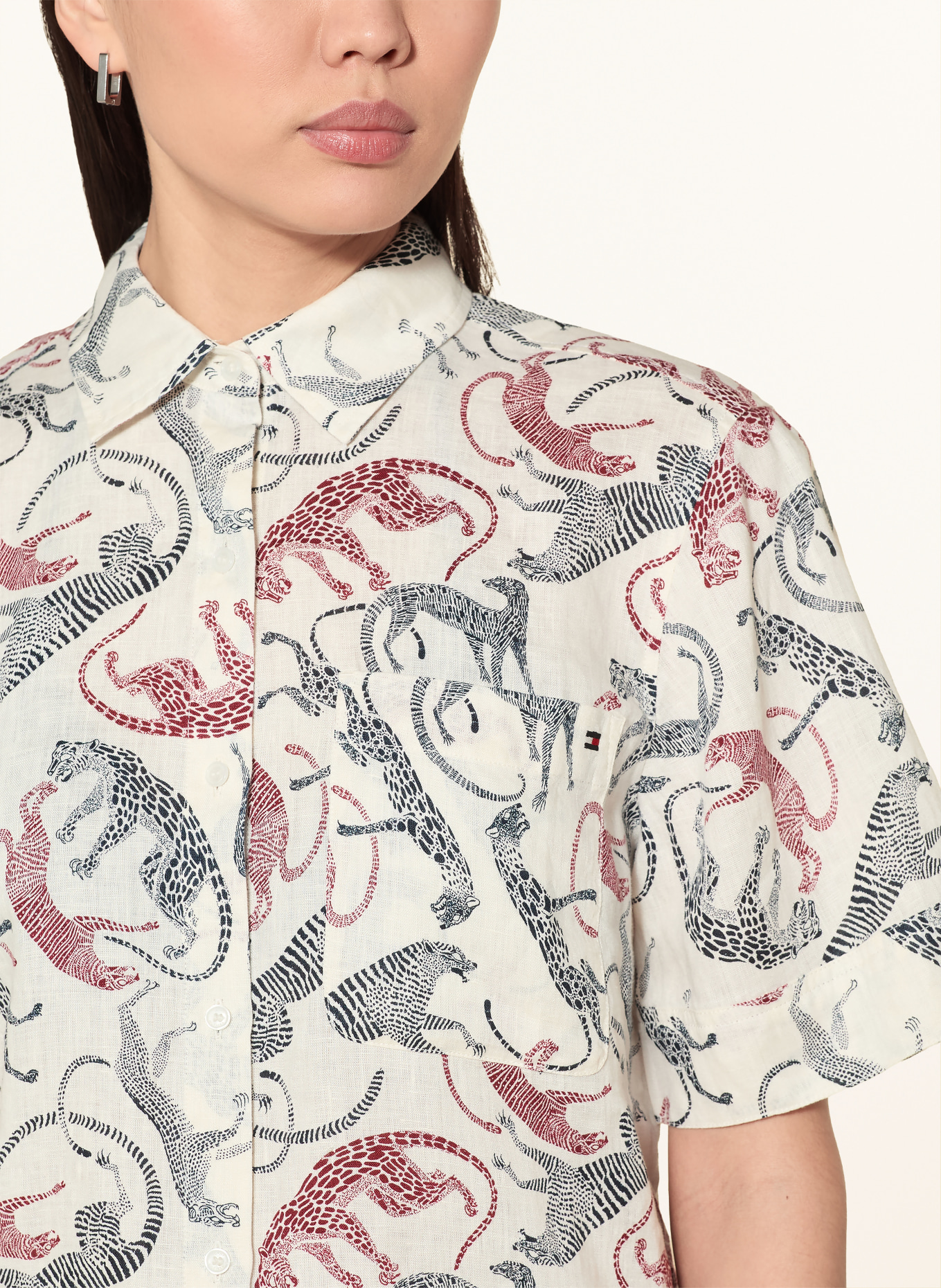 TOMMY HILFIGER Linen shirt blouse: ECRU / DARK RED / BLACK