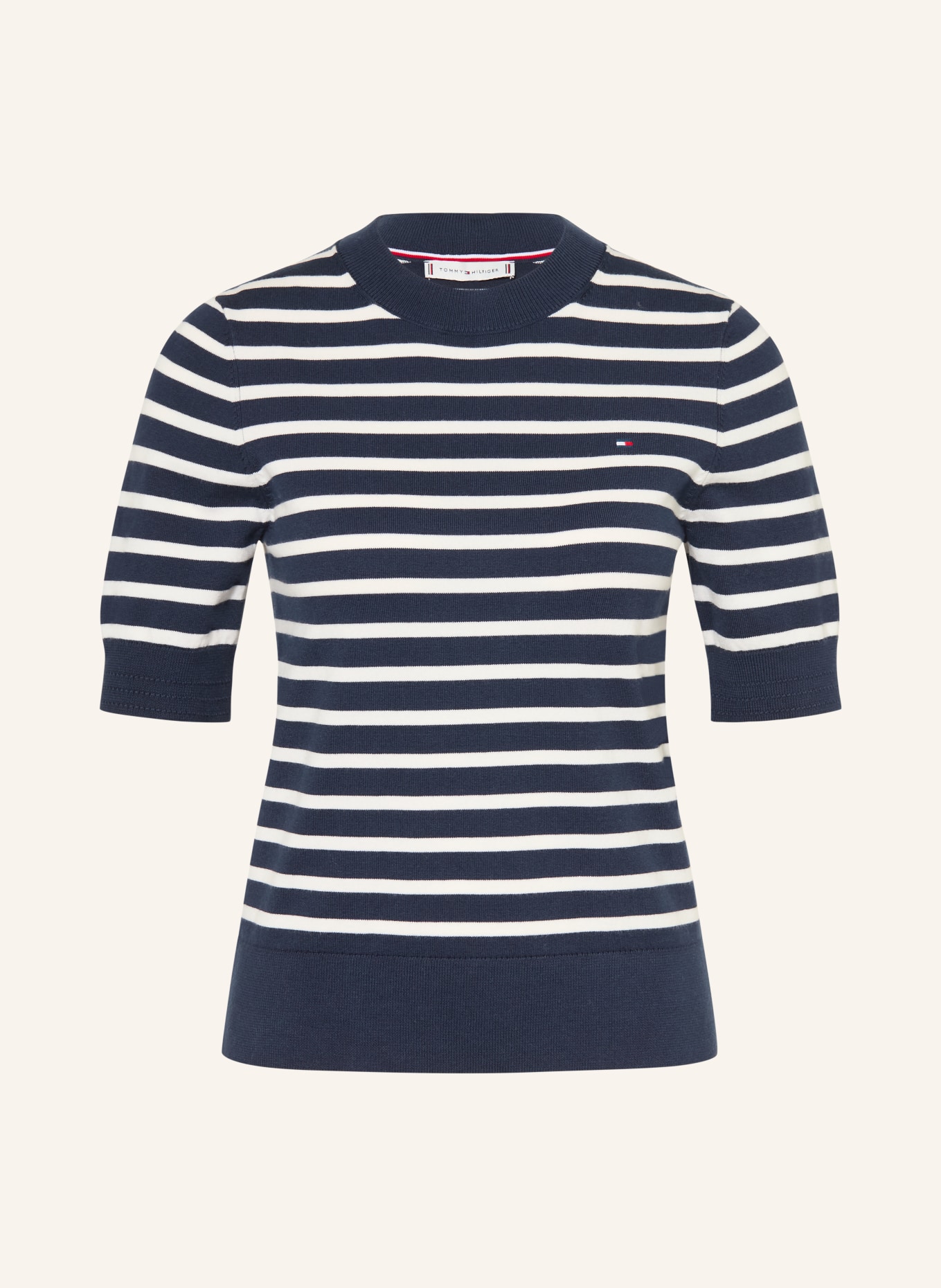 TOMMY HILFIGER pletené tričko: BÍLÁ / TMAVĚ MODRÁ