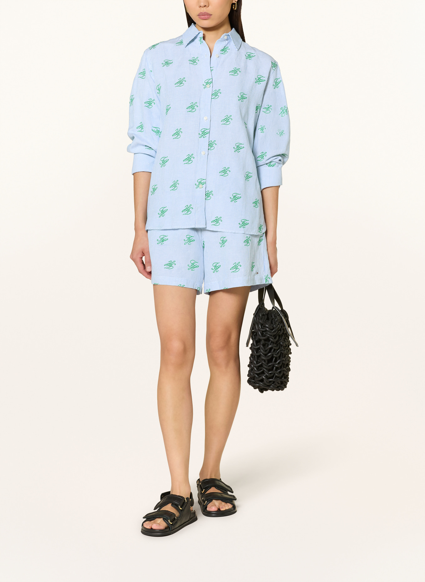 TOMMY HILFIGER Overhemdblouse met linnen: LICHTBLAUW / GROEN / WIT