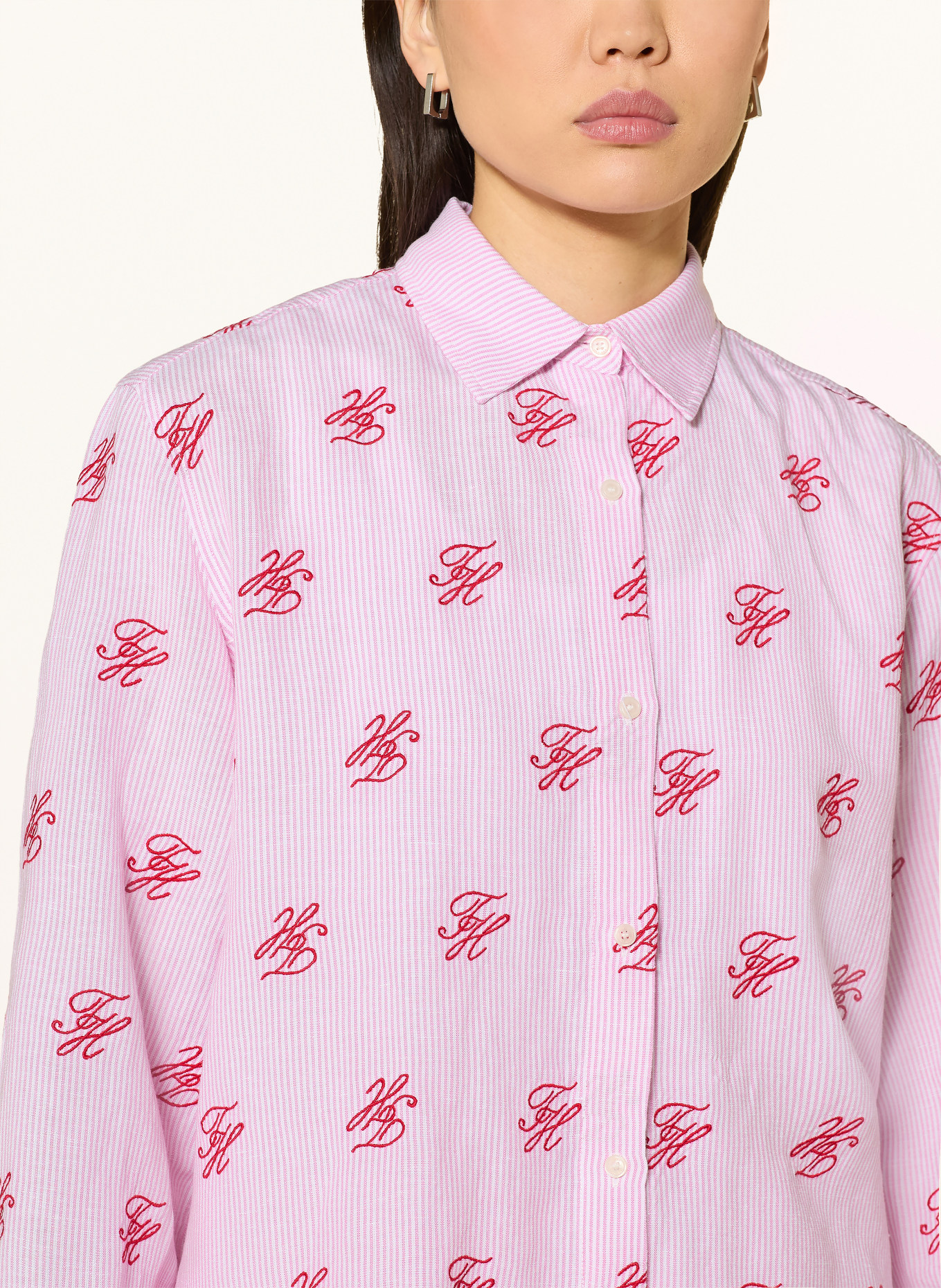 TOMMY HILFIGER Overhemdblouse met linnen: ROZE / DONKERROOD / WIT