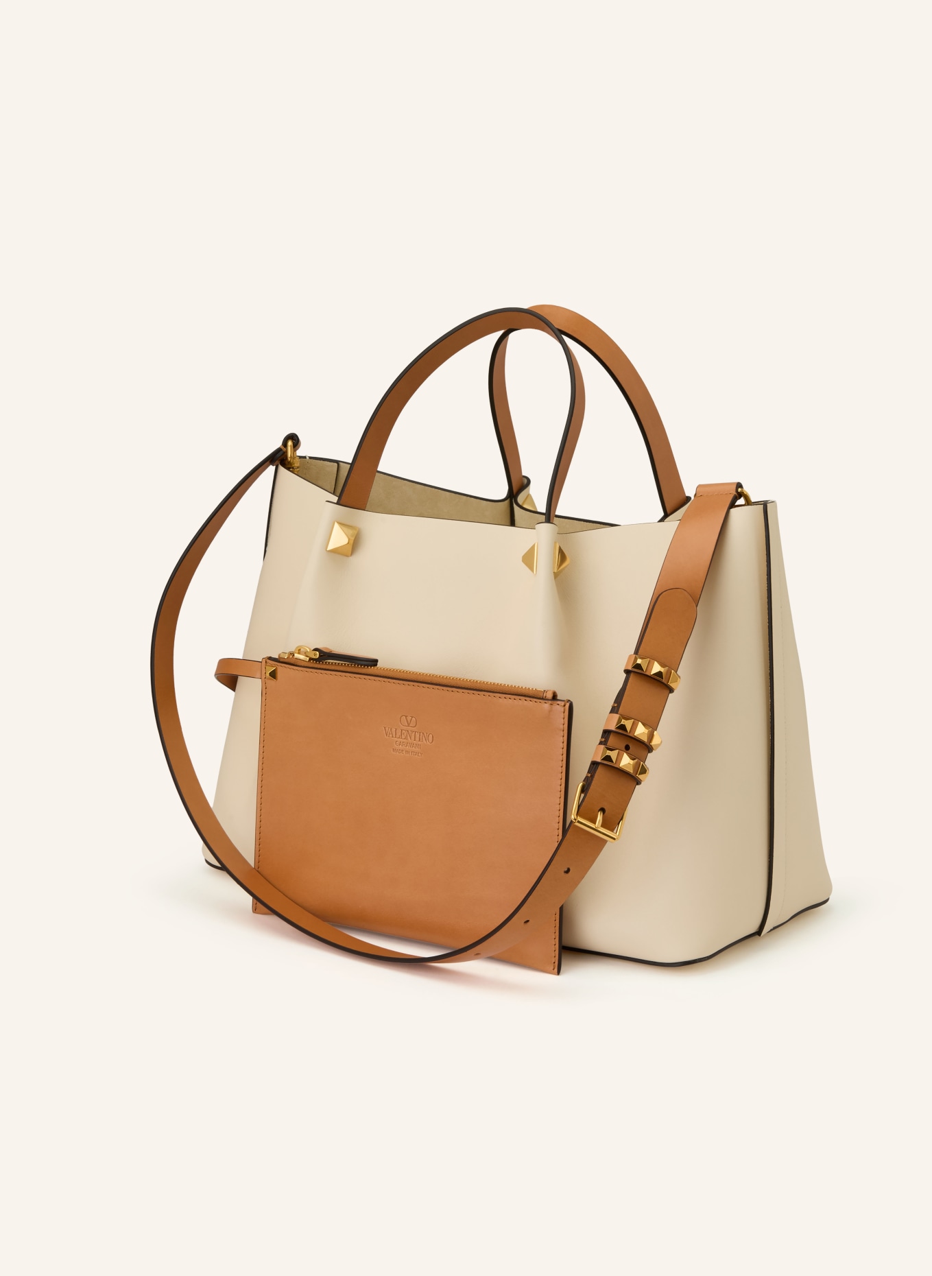VALENTINO GARAVANI Handtasche VLOGO SIGNATURE MEDIUM mit Pouch: CREME / GOLD / COGNAC