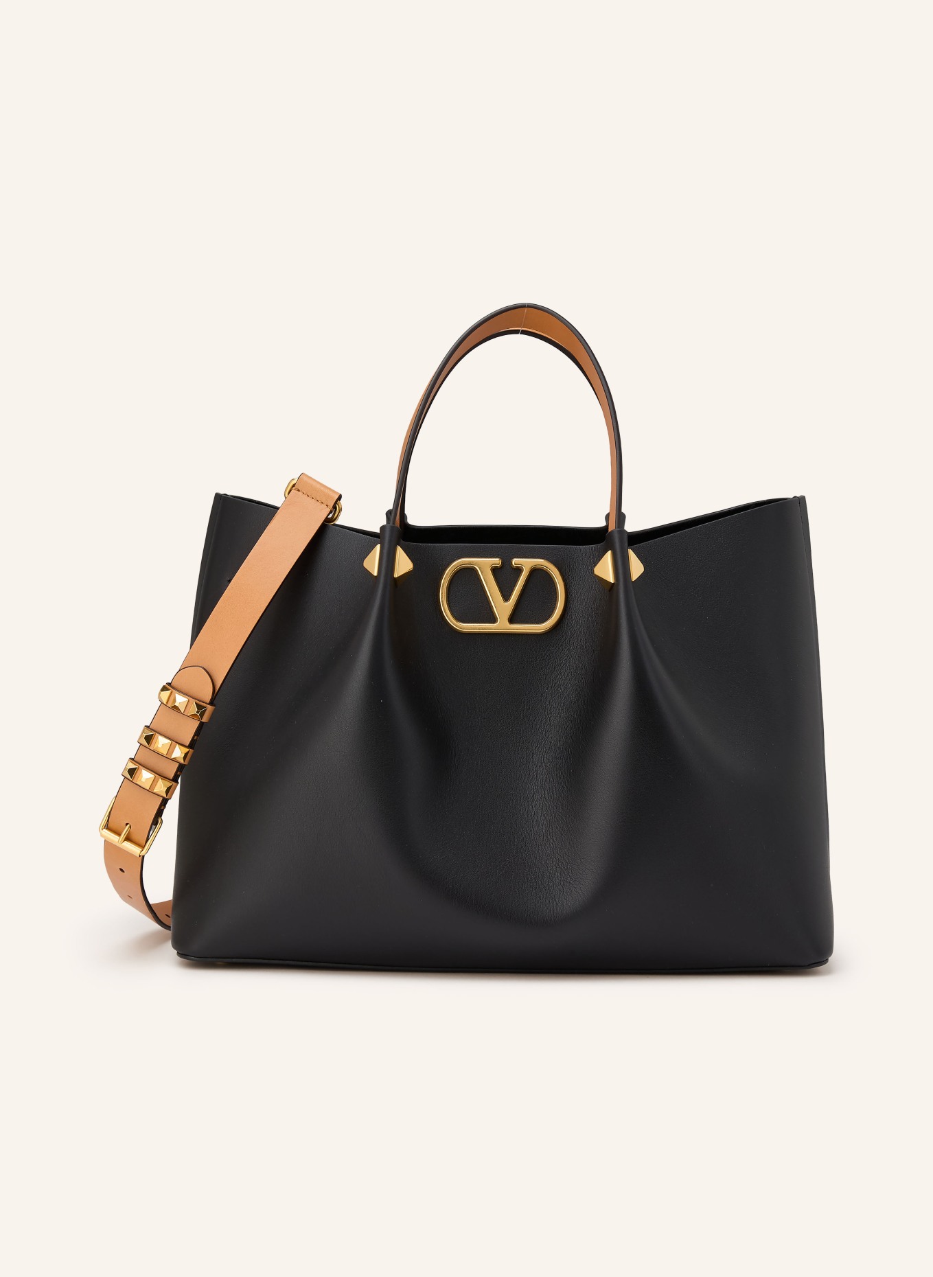 VALENTINO GARAVANI VLOGO SIGNATURE MEDIUM handbag with pouch: BLACK / GOLD / COGNAC