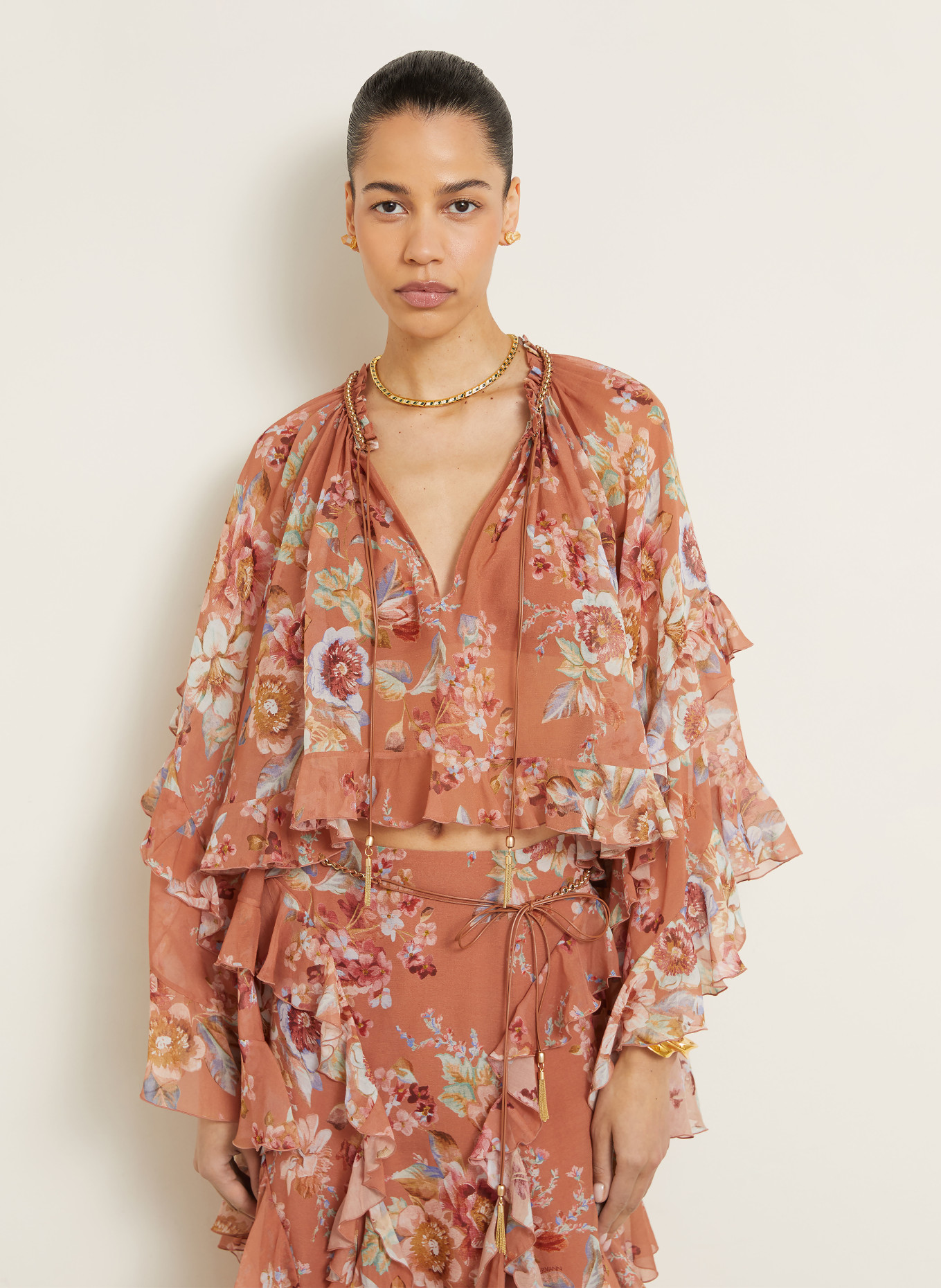 ZIMMERMANN Blusenshirt AWAKEN mit Volants: BRAUN / BLAU / WEISS