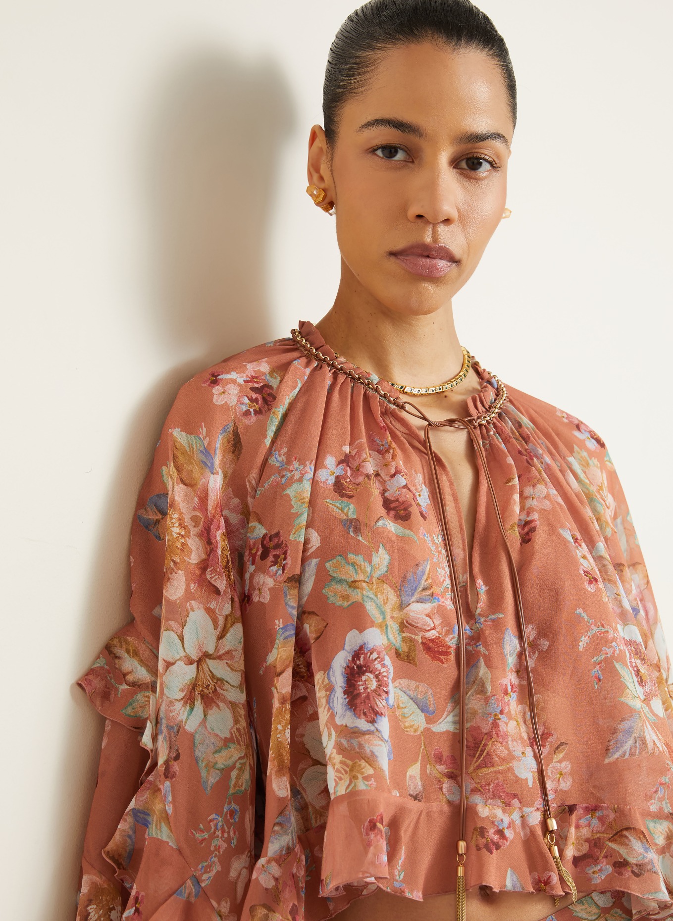 ZIMMERMANN Blusenshirt AWAKEN mit Volants: BRAUN / BLAU / WEISS