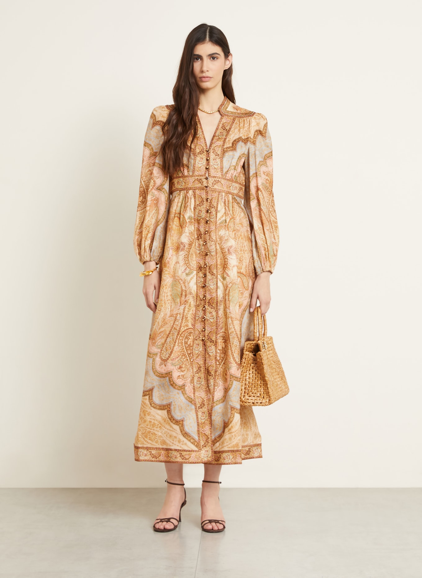 ZIMMERMANN Leinenkleid WANDERLUST: BEIGE / HELLROT / OLIV