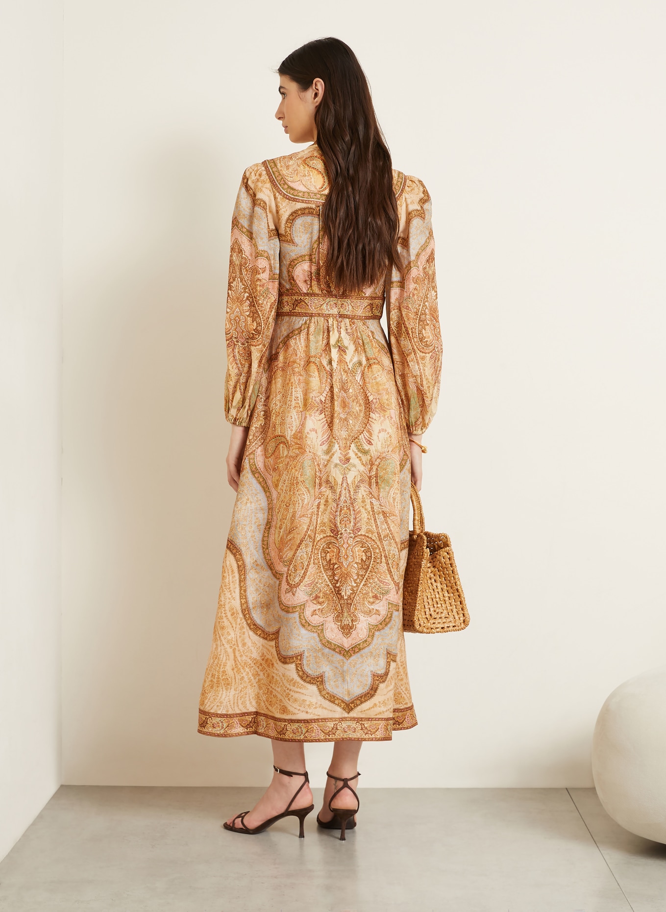 ZIMMERMANN Leinenkleid WANDERLUST: BEIGE / HELLROT / OLIV