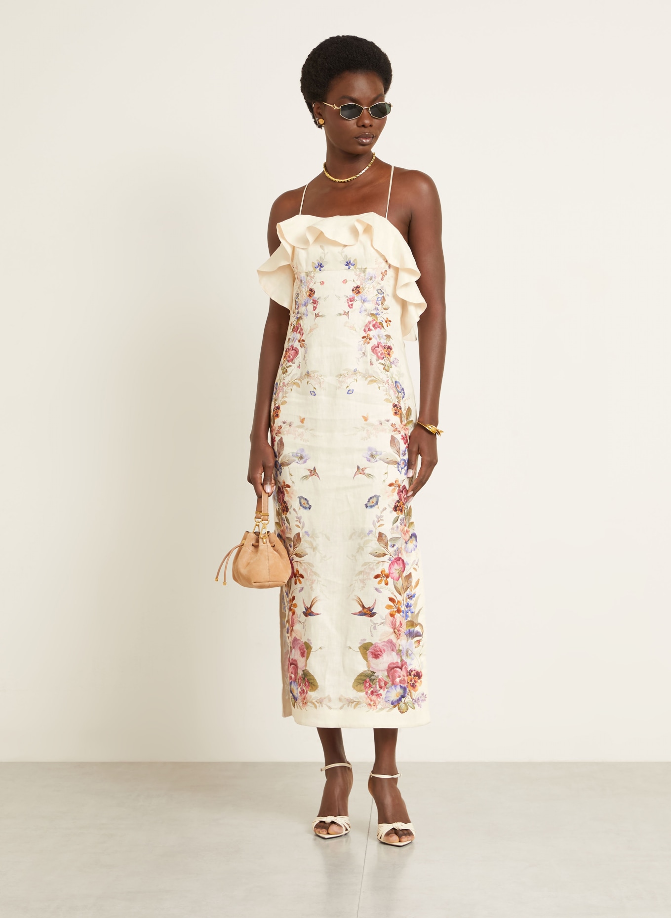 ZIMMERMANN Kleid PATIENCE mit Glitzergarn: CREME / BLAUGRAU / ROT