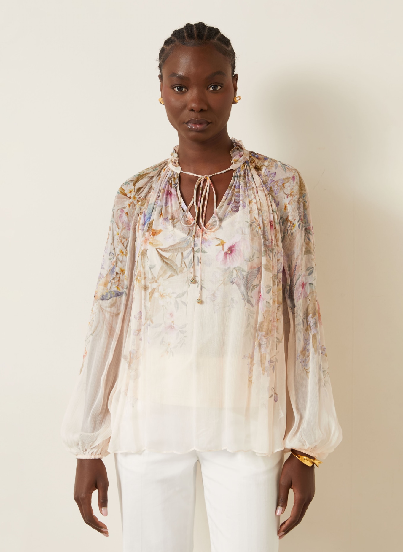 ZIMMERMANN Blusenshirt mit Rüschen: ROSÉ / LILA / OLIV