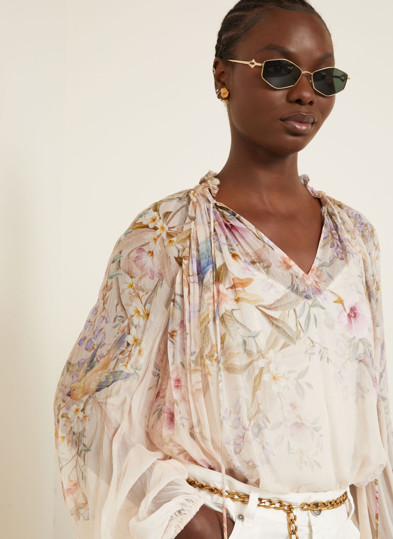 ZIMMERMANN Blusenshirt mit Rüschen: ROSÉ / LILA / OLIV