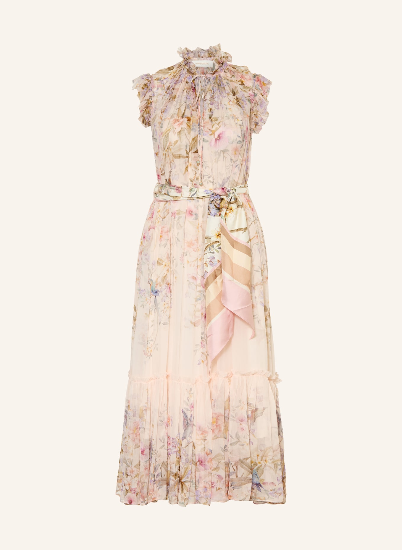 ZIMMERMANN Kleid REBELLION mit Rüschen und Plissees: CREME / ROSA / HELLBLAU