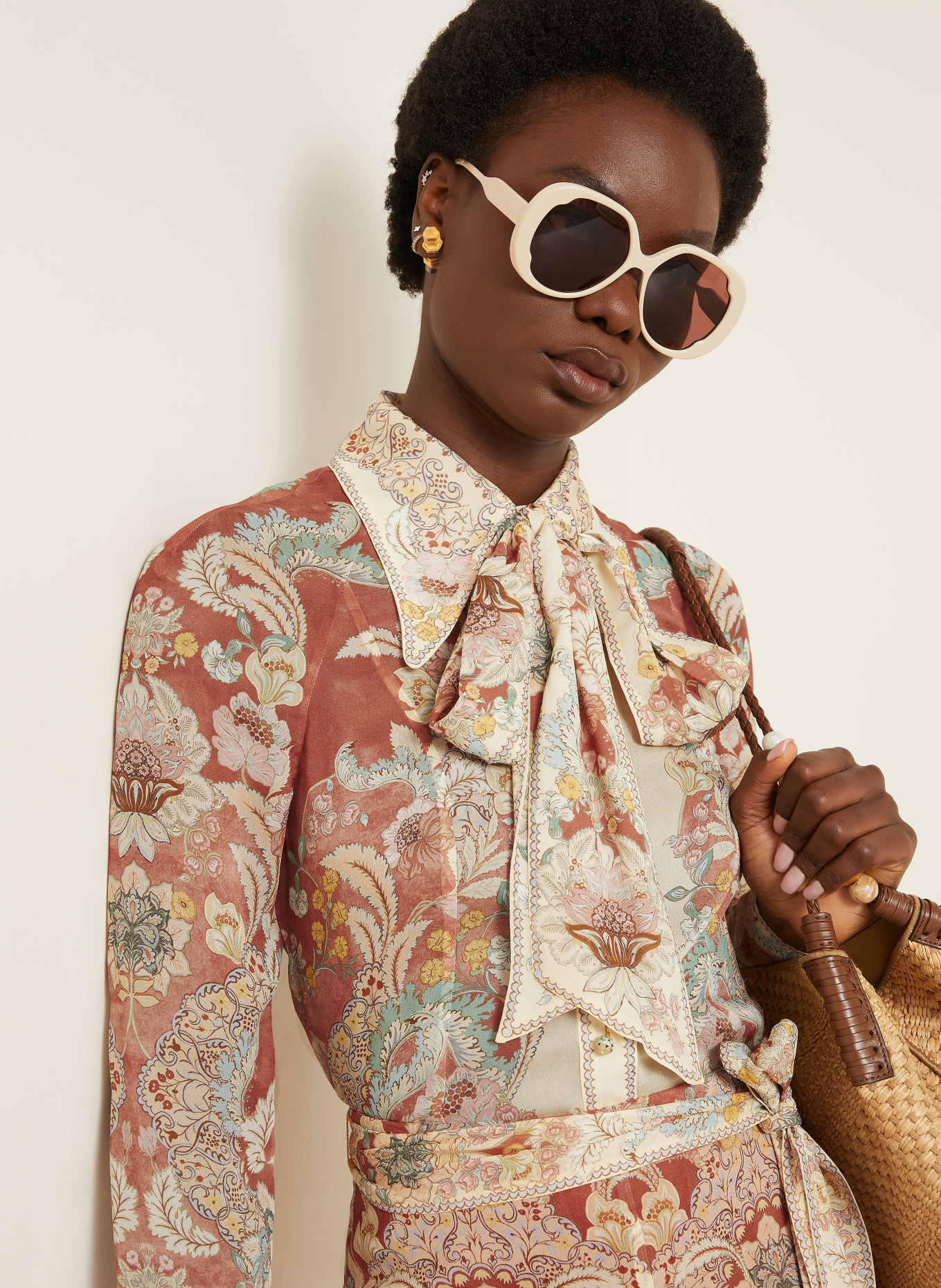 ZIMMERMANN Hemdbluse REBELLION mit abnehmbarer Schluppe: HELLROT / BRAUN / MINT