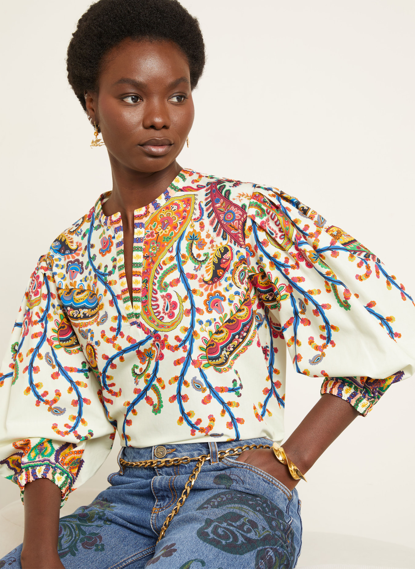 ETRO Blusenshirt mit 3/4-Arm: CREME / PINK / BLAU