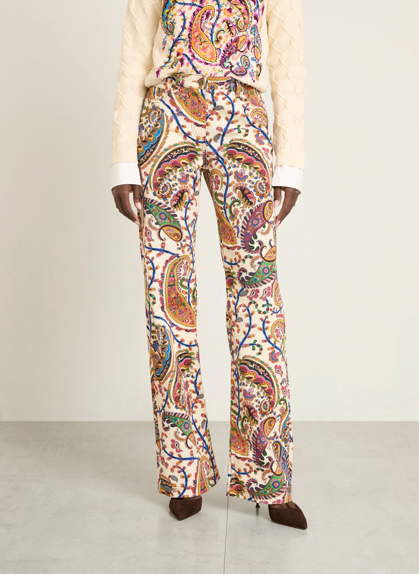 ETRO Bootcut Jeans: CREME / ORANGE / BLAU