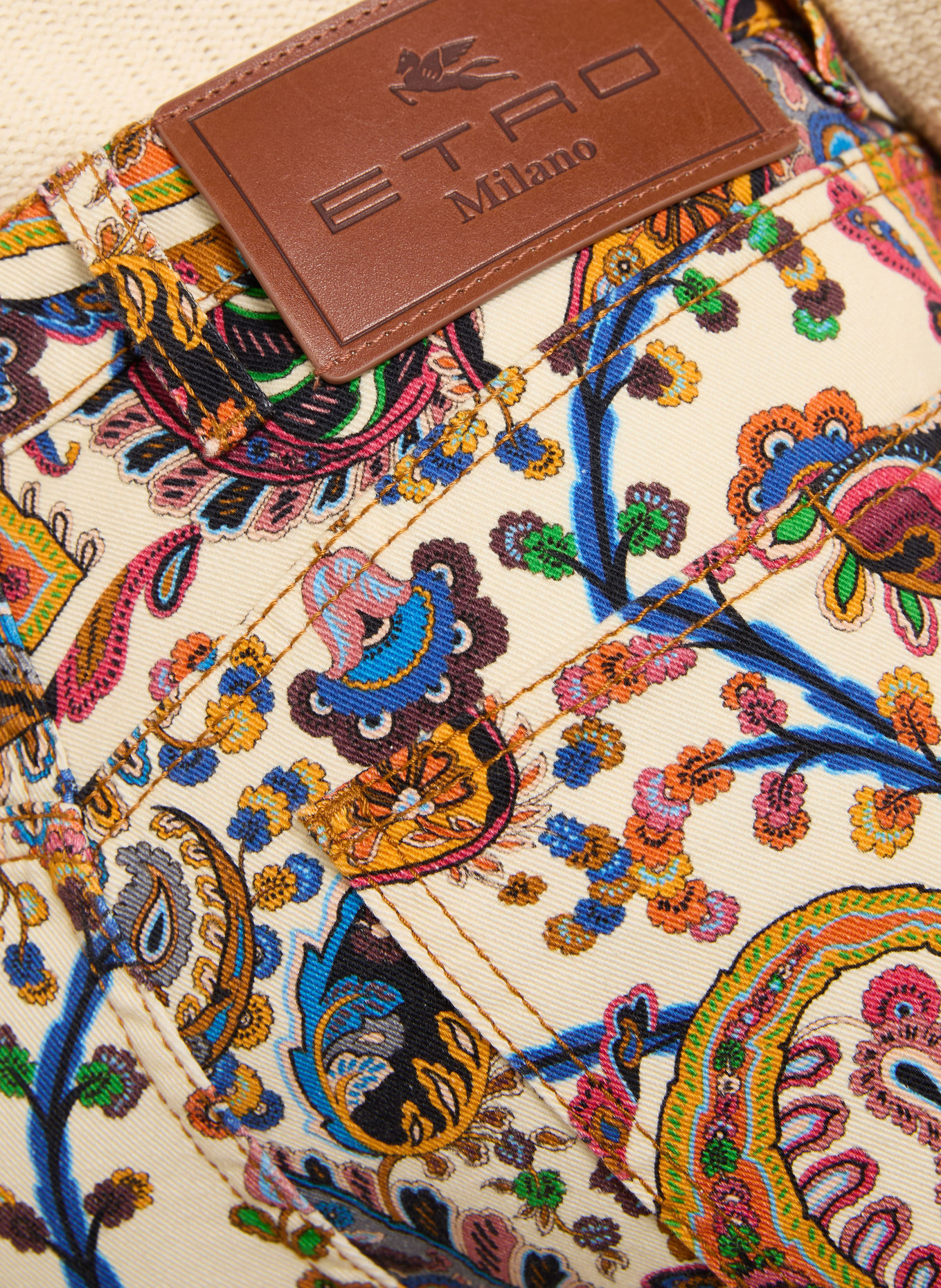 ETRO Bootcut Jeans: CREME / ORANGE / BLAU