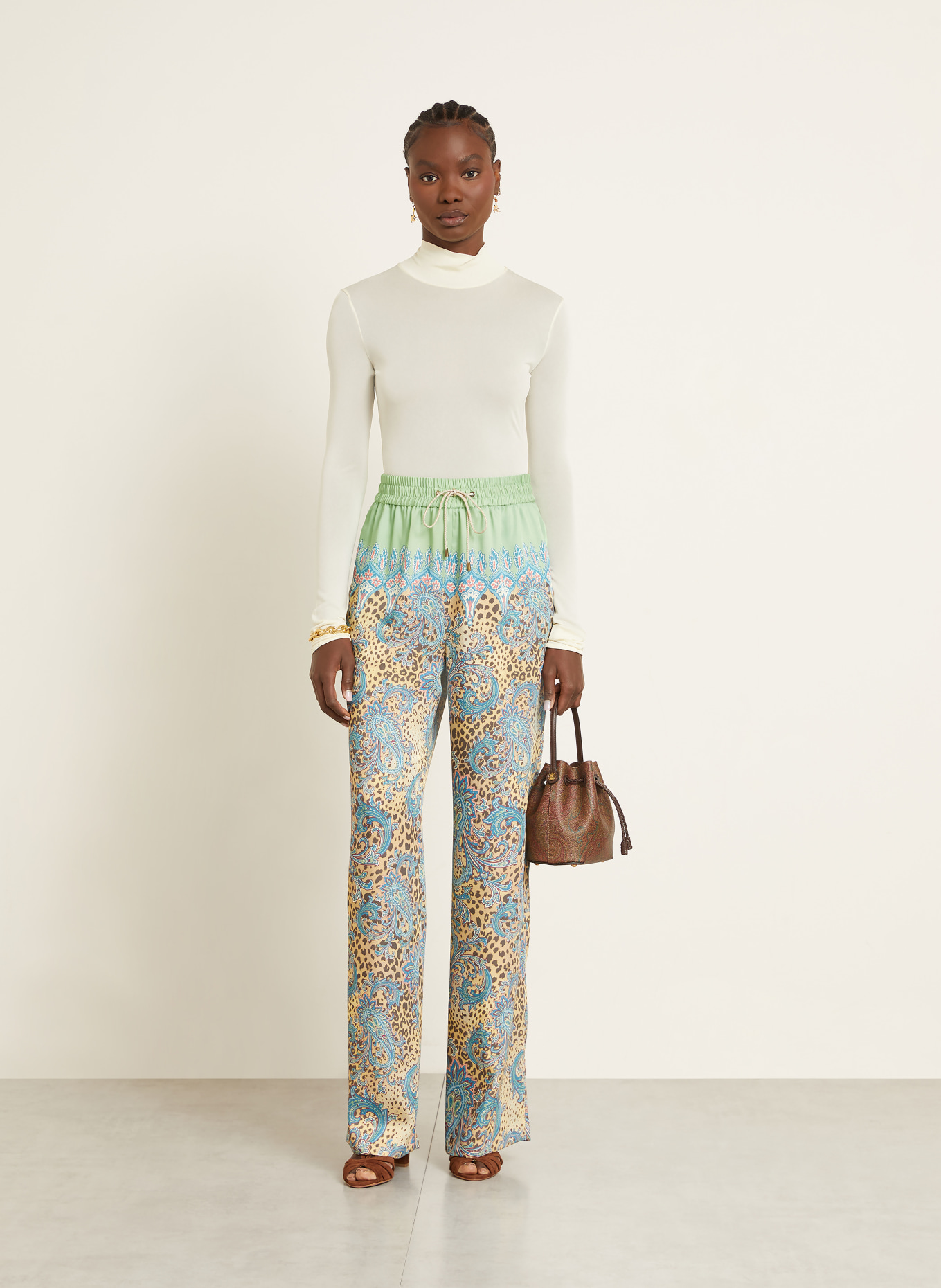 ETRO Satinhose: HELLGRÜN / HELLBRAUN / TÜRKIS