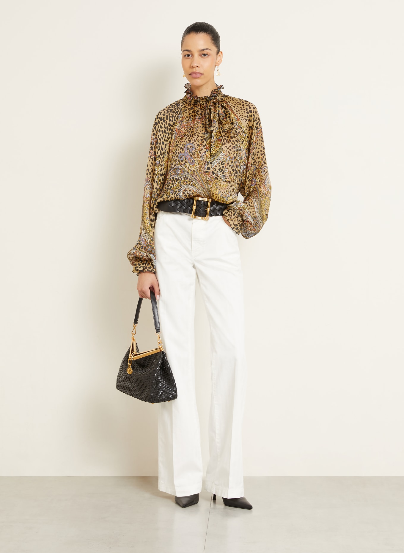 ETRO Blusenshirt aus Seide mit abnehmbarer Schluppe: HELLBRAUN / BLAUGRAU / SCHWARZ