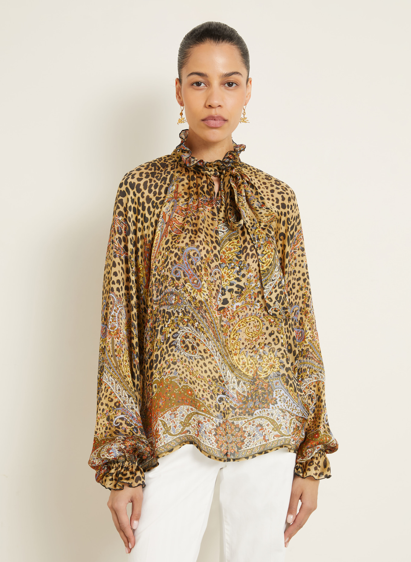 ETRO Blusenshirt aus Seide mit abnehmbarer Schluppe: HELLBRAUN / BLAUGRAU / SCHWARZ