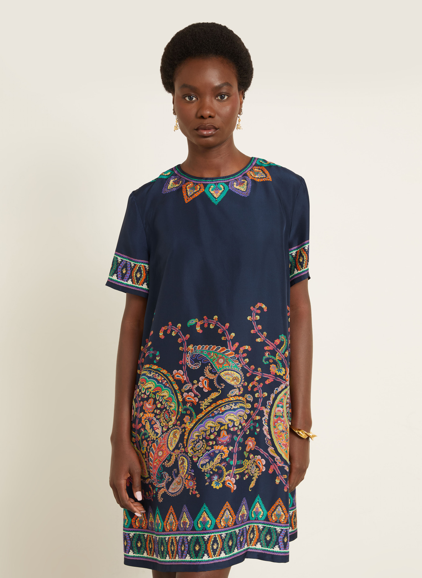 ETRO Seidenkleid: DUNKELBLAU / PINK / ORANGE