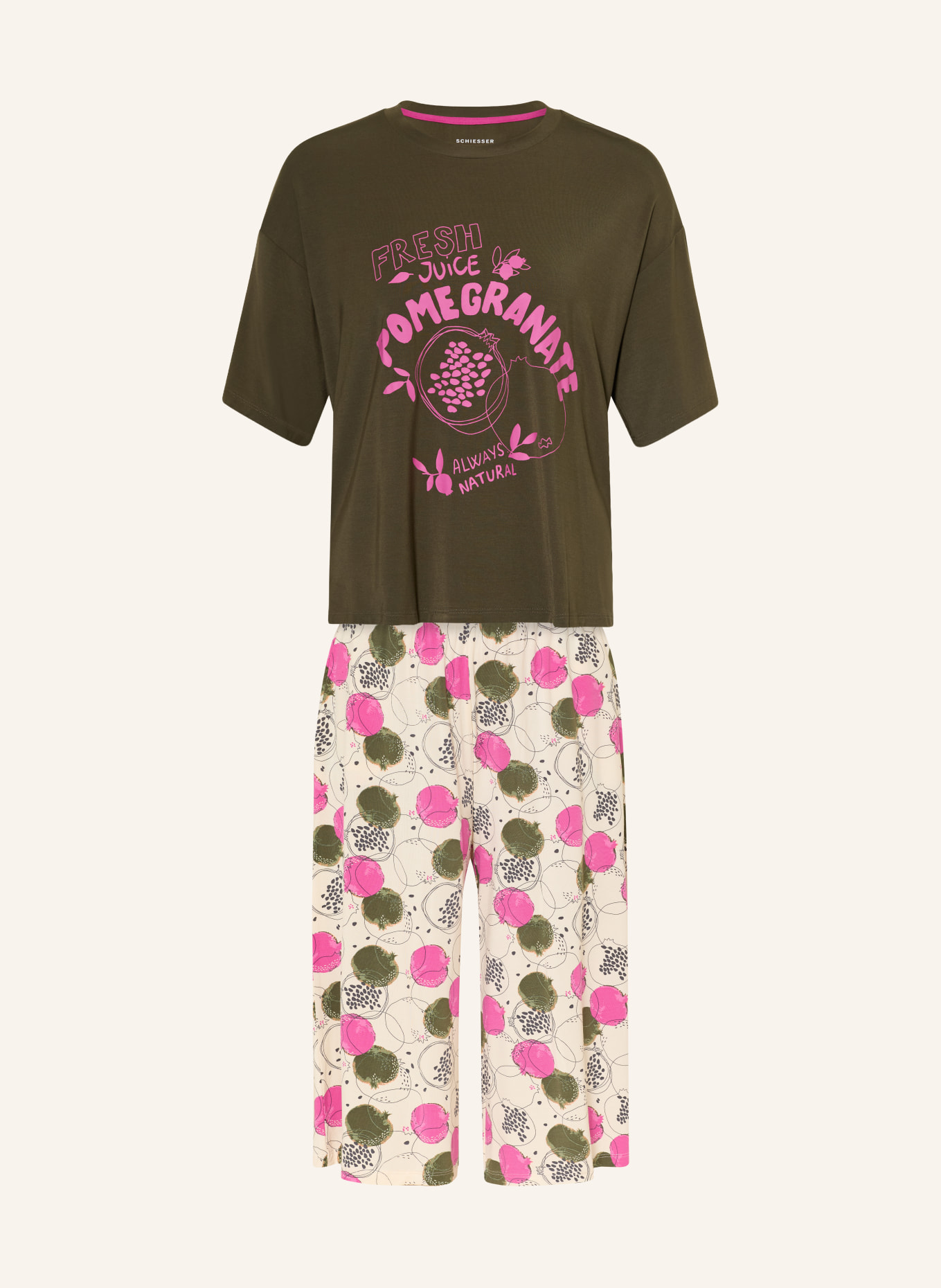 SCHIESSER Pyjama 3/4 CASUAL FASHION: OLIVE / ÉCRU / ROSE FUCHSIA