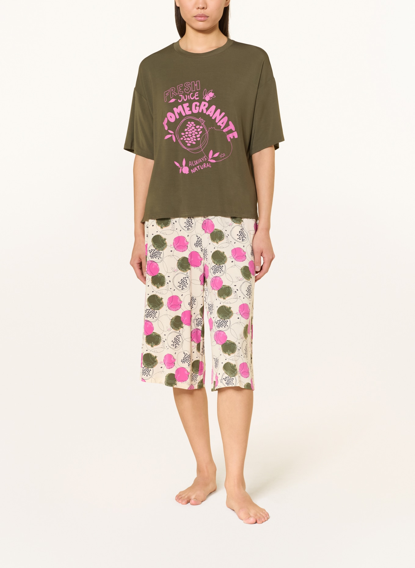 SCHIESSER Pyjama 3/4 CASUAL FASHION: OLIVE / ÉCRU / ROSE FUCHSIA