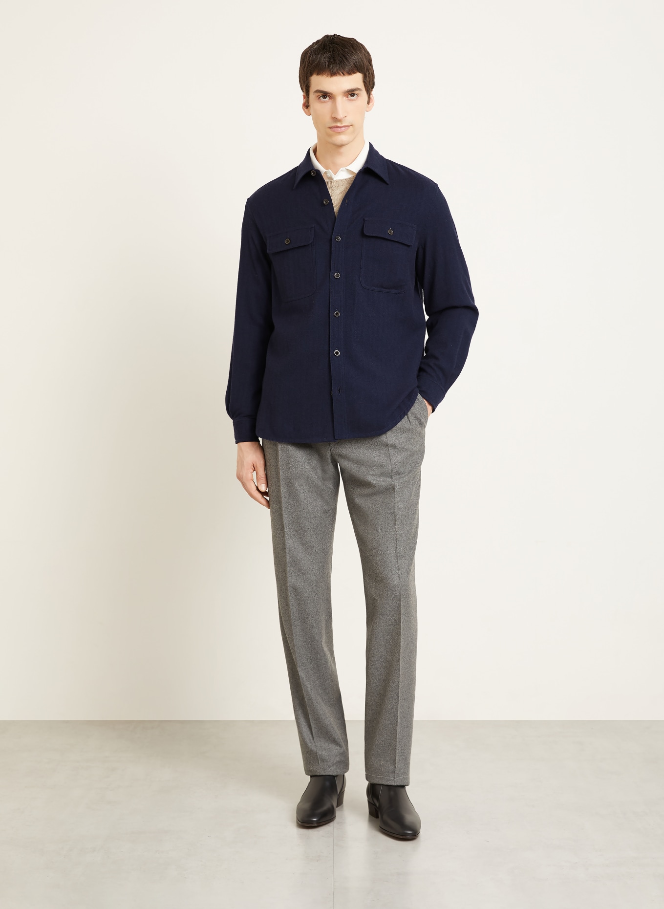 RALPH LAUREN PURPLE LABEL Flanelová košile Comfort Fit s kašmírem: TMAVĚ MODRÁ