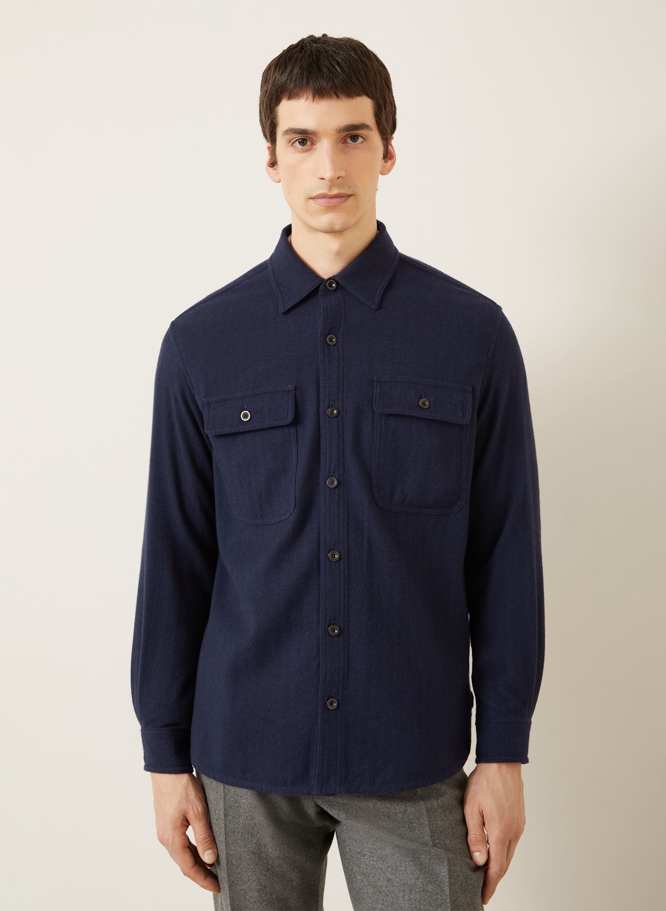 RALPH LAUREN PURPLE LABEL Flanelová košile Comfort Fit s kašmírem: TMAVĚ MODRÁ