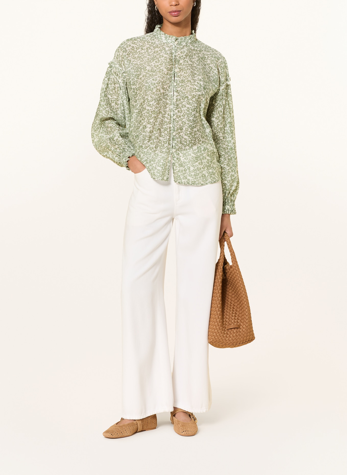 MSCH COPENHAGEN Bluse MSCHSERAPHINA mit Rüschen: CREME / HELLGRÜN