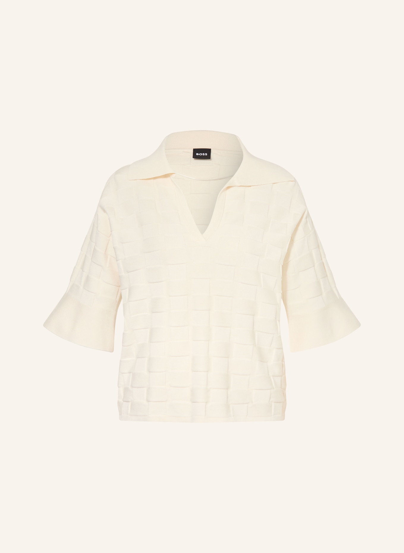 BOSS Pletené polo tričko FAPAVERO s 3/4 rukávem: KRÉMOVÁ