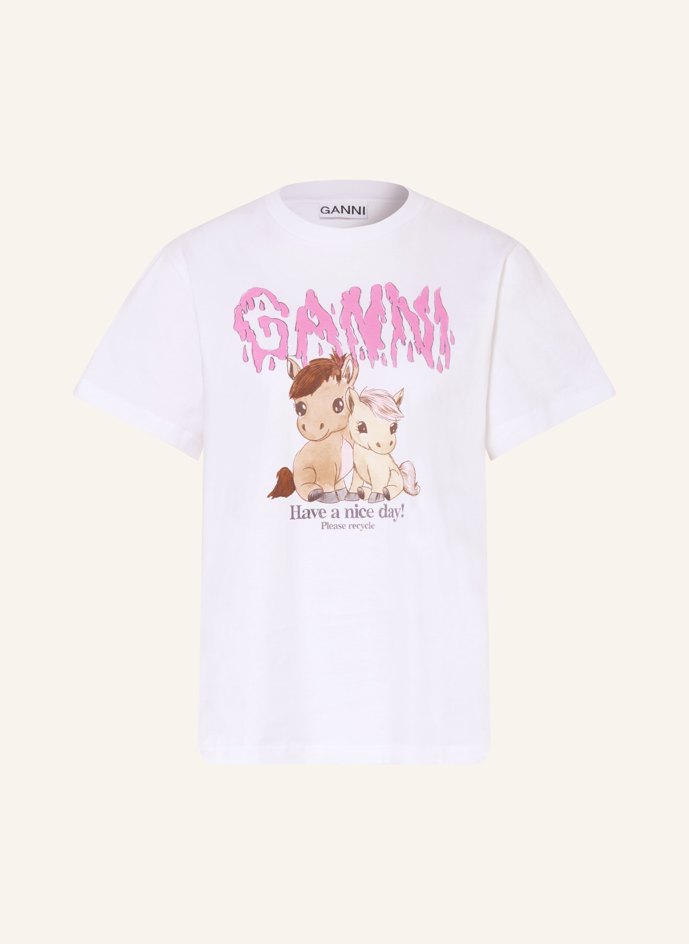 GANNI T-Shirt: WEISS / BEIGE / PINK
