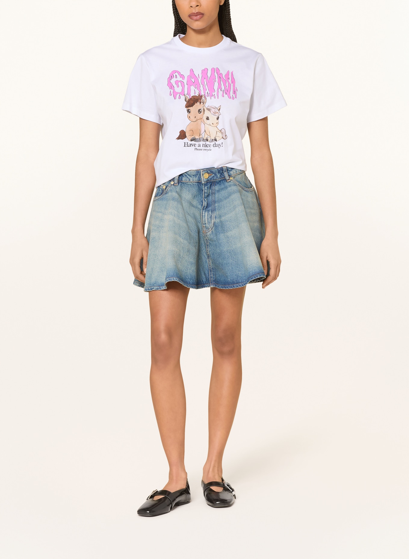 GANNI T-Shirt: WEISS / BEIGE / PINK