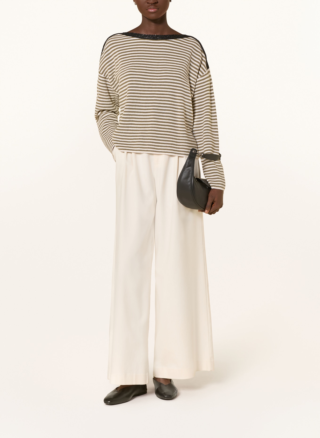 oui Pullover mit Pailletten: KHAKI / CREME / SCHWARZ