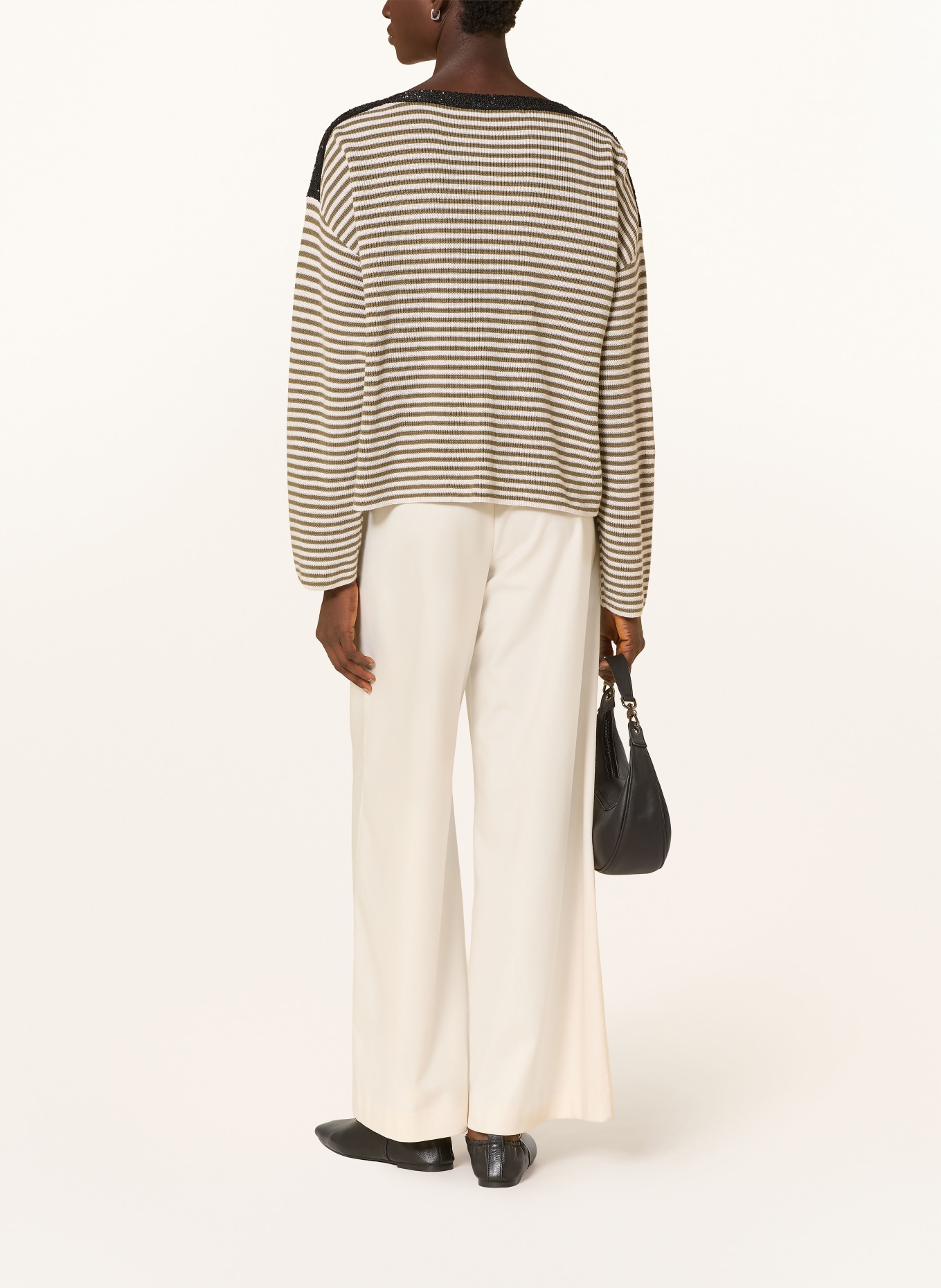 oui Pullover mit Pailletten: KHAKI / CREME / SCHWARZ