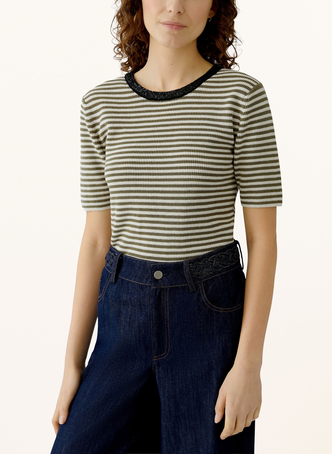 oui Pletené tričko s flitry: KHAKI / KRÉMOVÁ