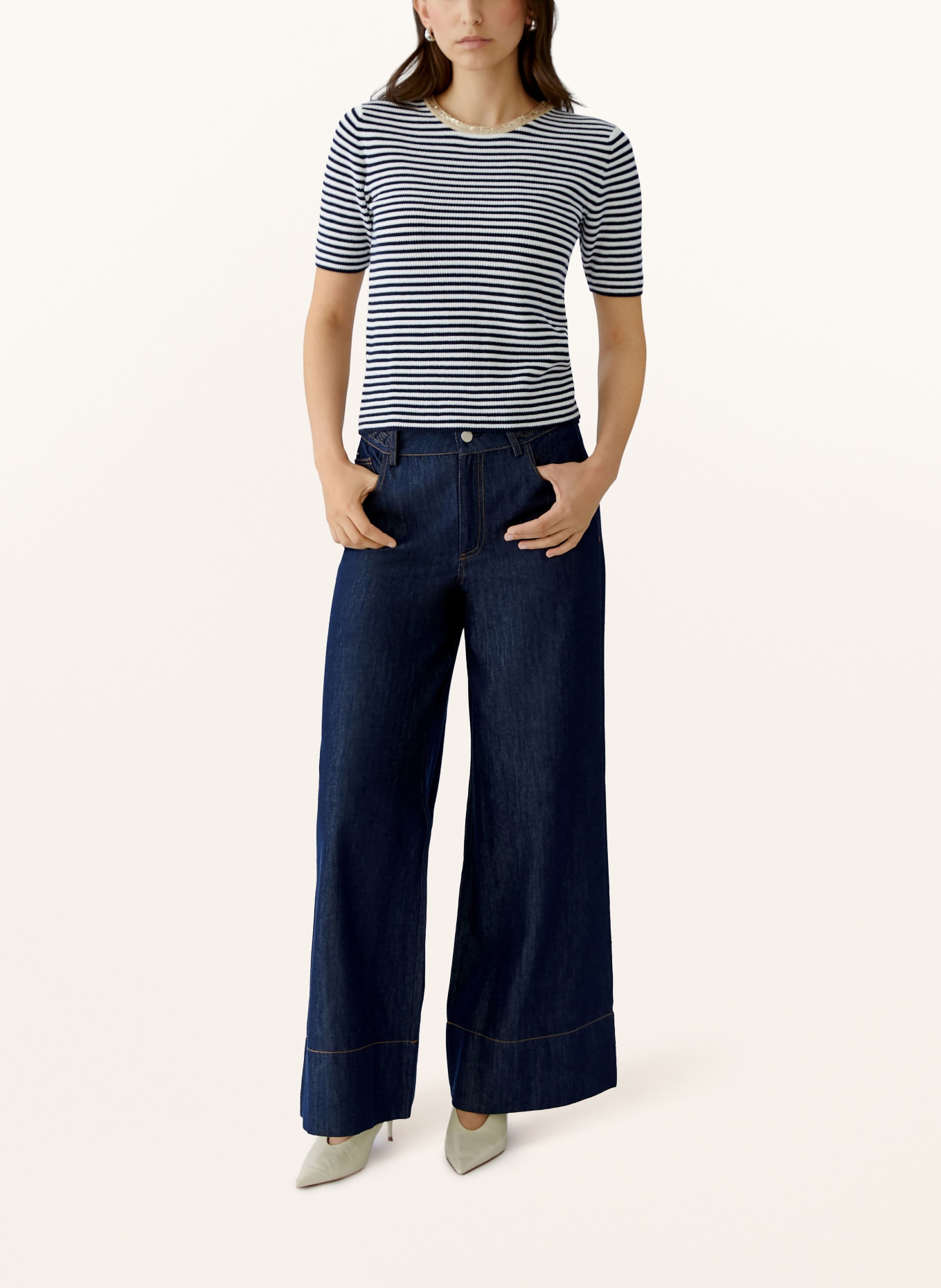 oui Strickshirt mit Pailletten: DUNKELBLAU / WEISS