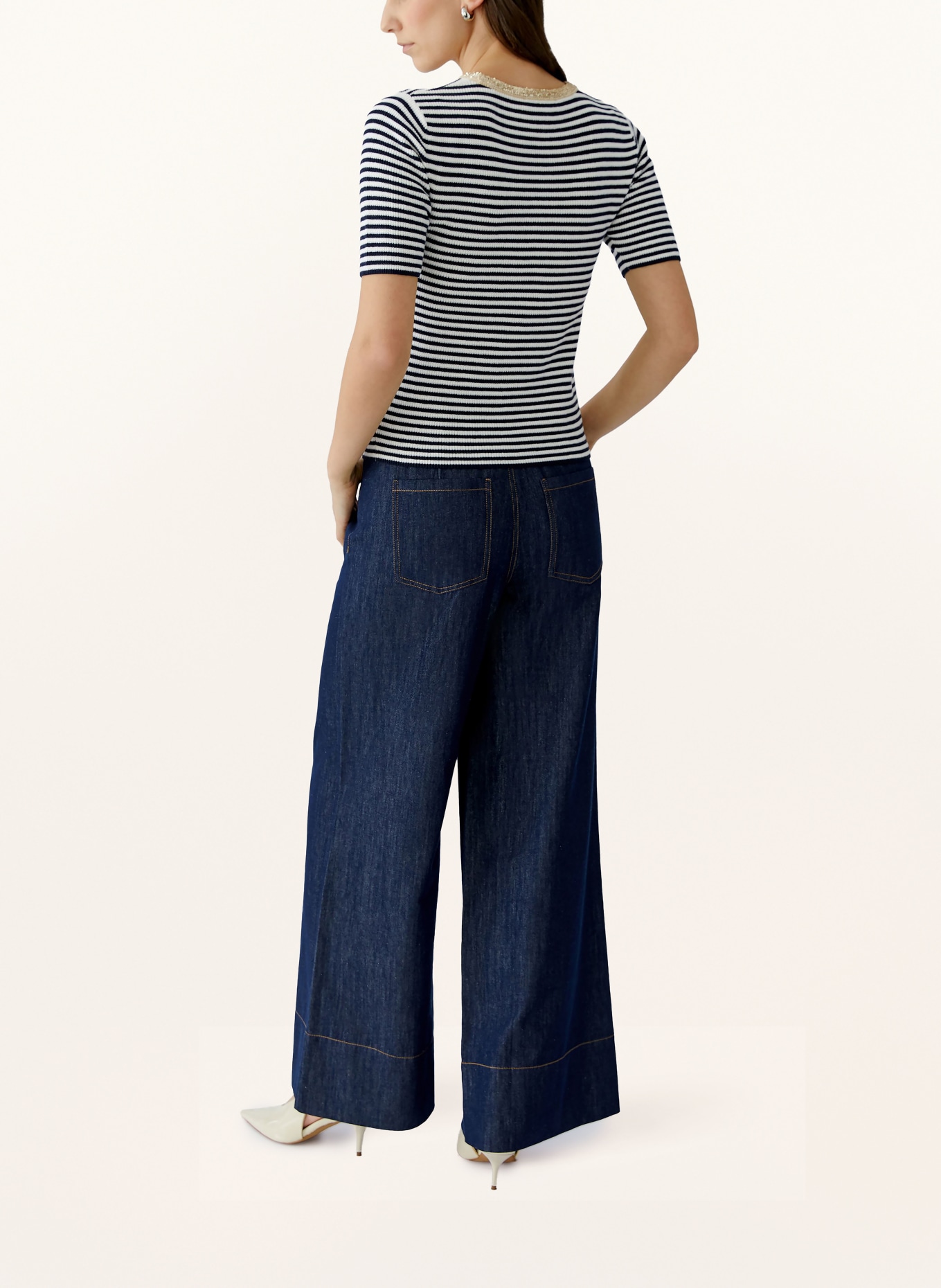 oui Strickshirt mit Pailletten: DUNKELBLAU / WEISS