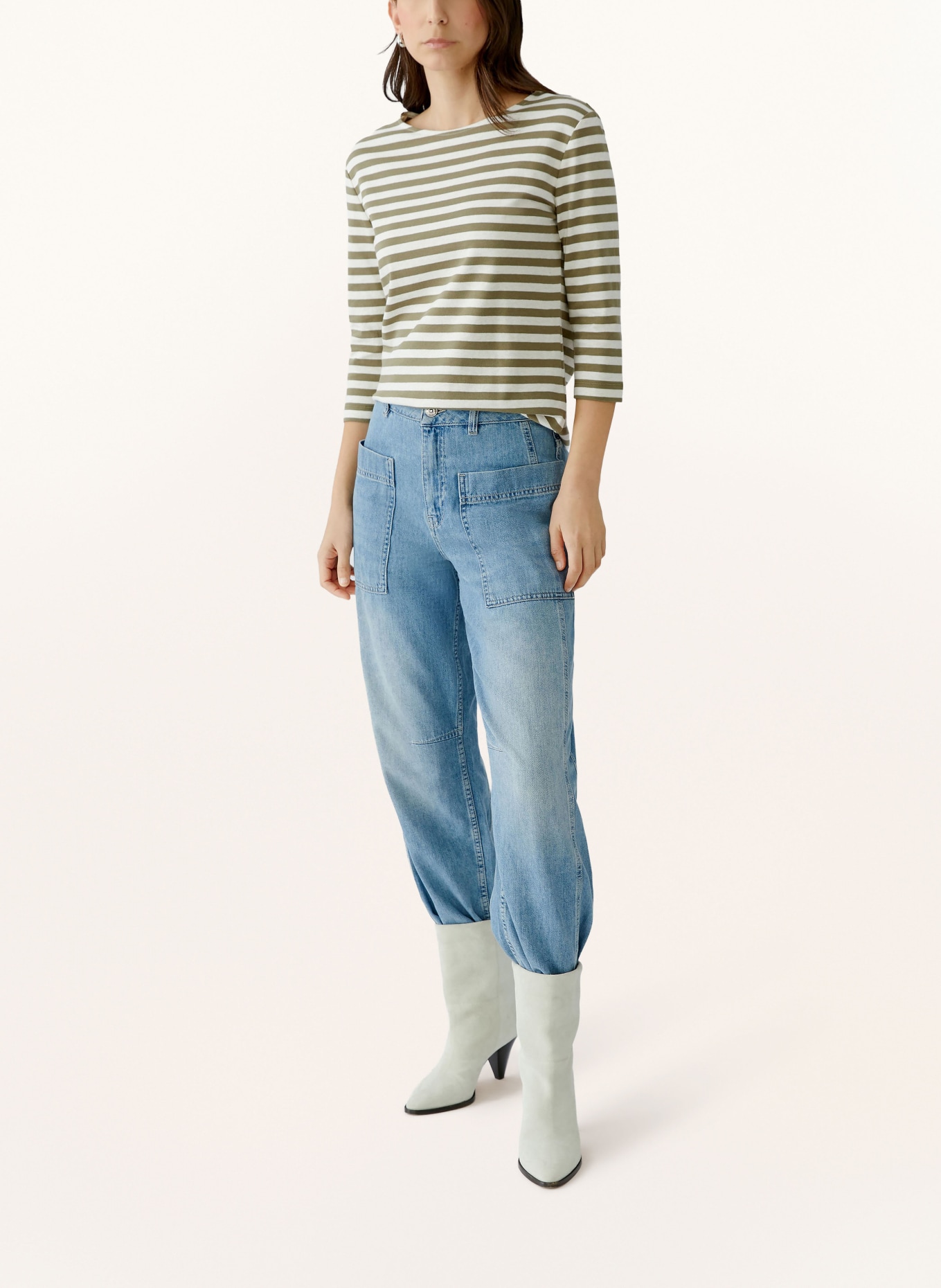 oui Tričko SOLEILA s 3/4 rukávem: KHAKI / SVĚTLE ŠEDÁ