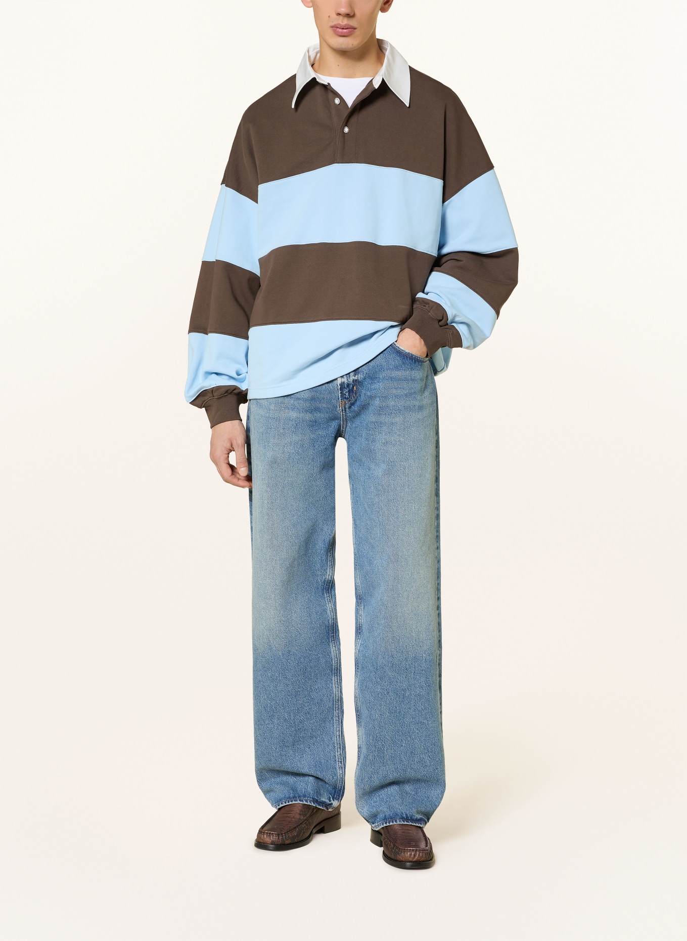 WRSTBHVR Sweat-Rugbyshirt GERI: HELLBLAU / BRAUN / WEISS