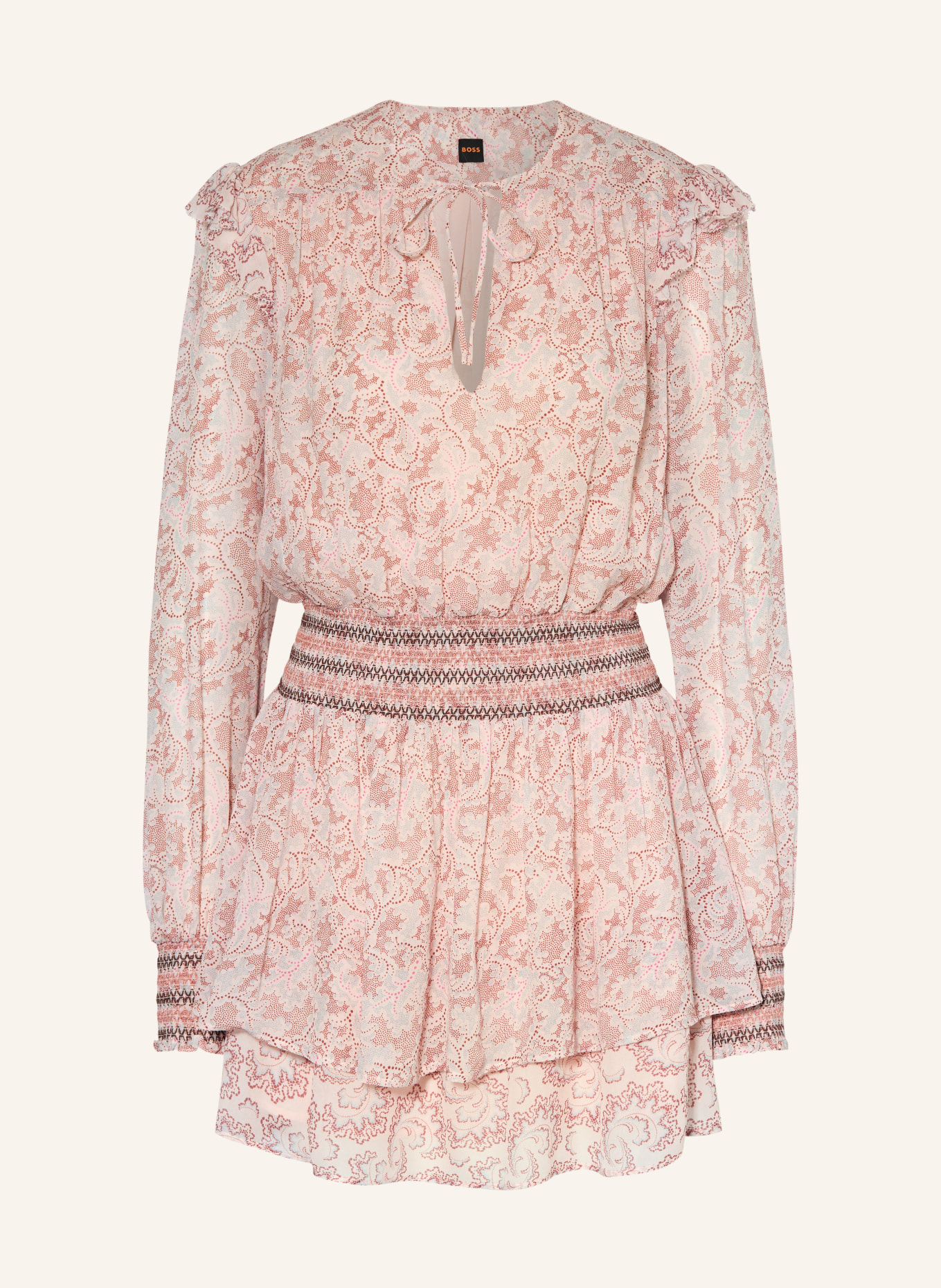 BOSS Šaty DARMIA s volánky: RŮŽOVÁ / STARORŮŽOVÁ / ČERNOŠEDÁ