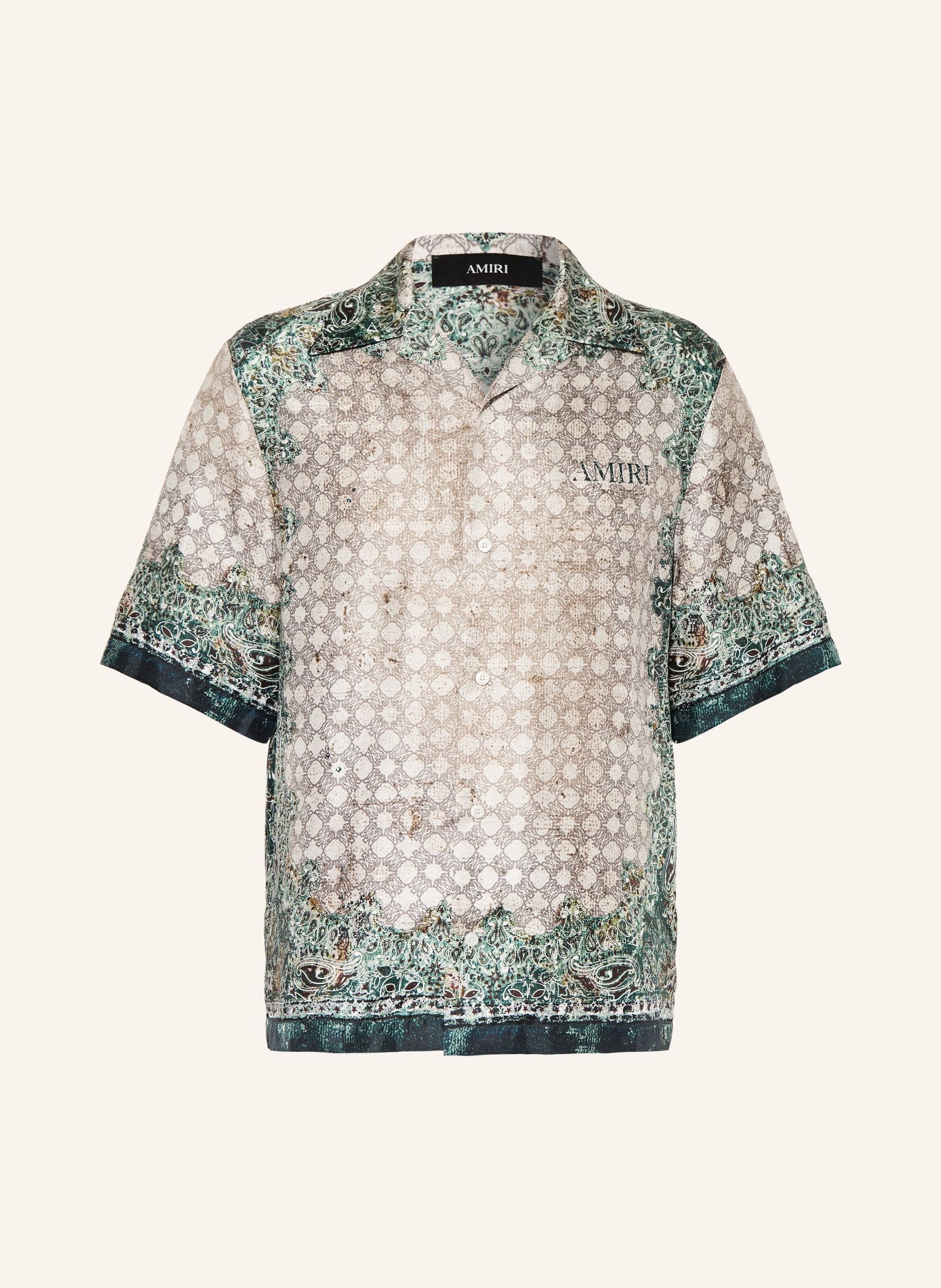 AMIRI Resorthemd Comfort Fit aus Seide: BEIGE / DUNKELGRÜN