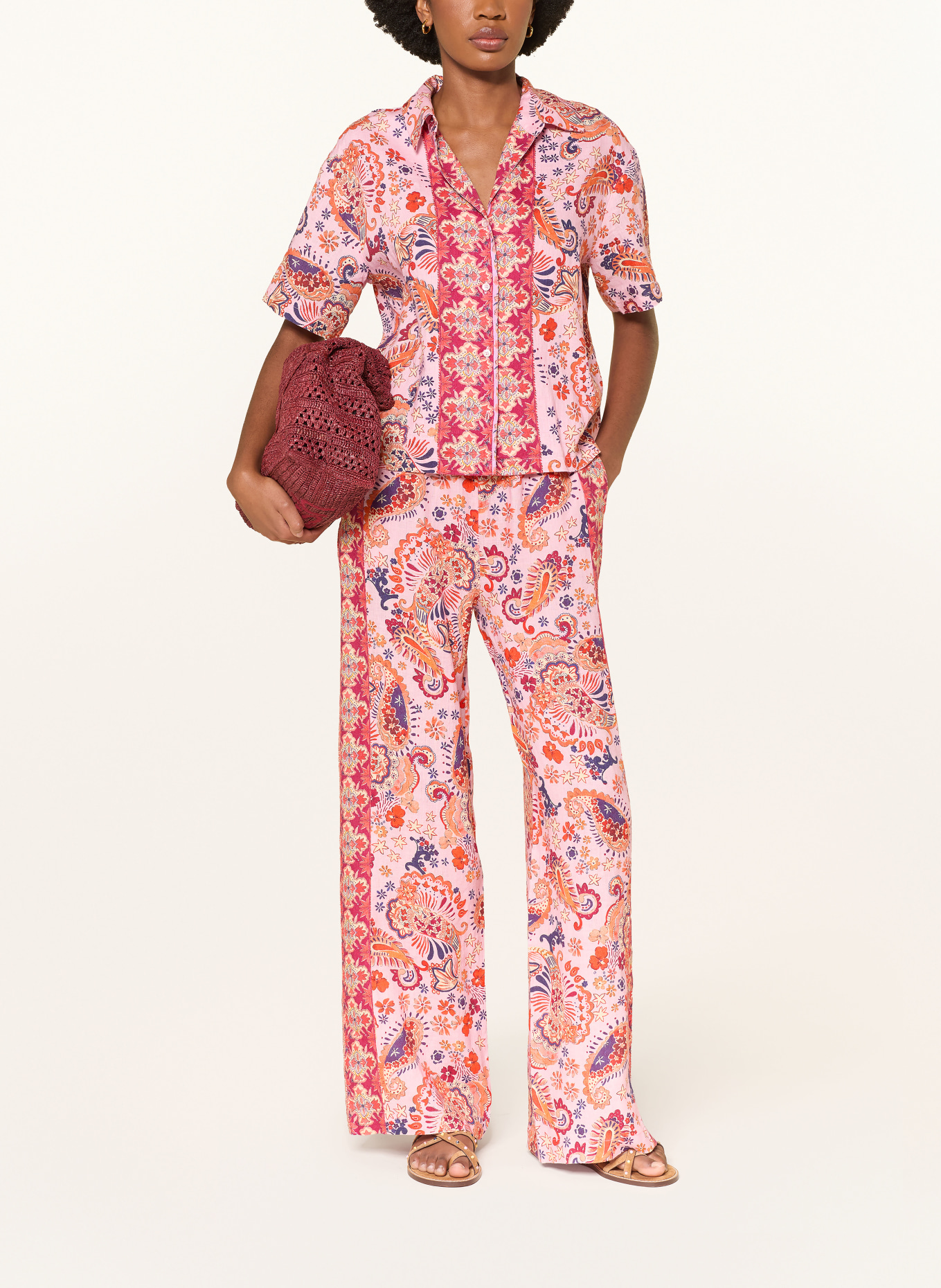 MRS & HUGS Lněné kalhoty Marlene: ČERVENÁ / TMAVĚ FIALOVÁ / RŮŽOVÁ