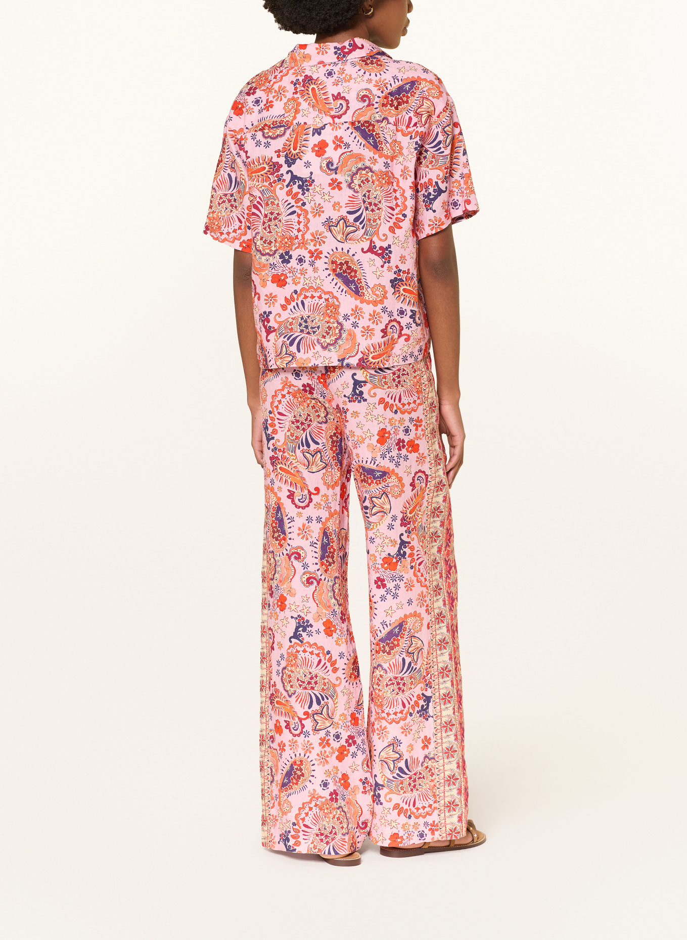 MRS & HUGS Lněné kalhoty Marlene: ČERVENÁ / TMAVĚ FIALOVÁ / RŮŽOVÁ