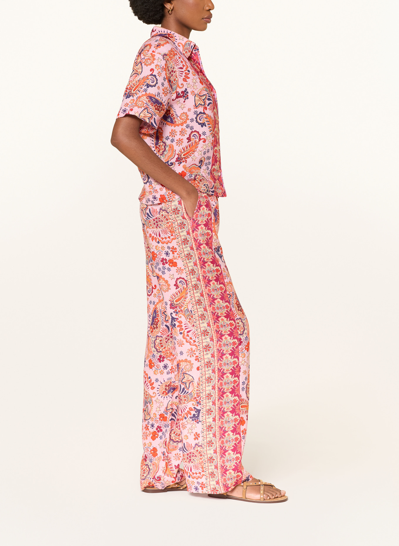 MRS & HUGS Lněné kalhoty Marlene: ČERVENÁ / TMAVĚ FIALOVÁ / RŮŽOVÁ