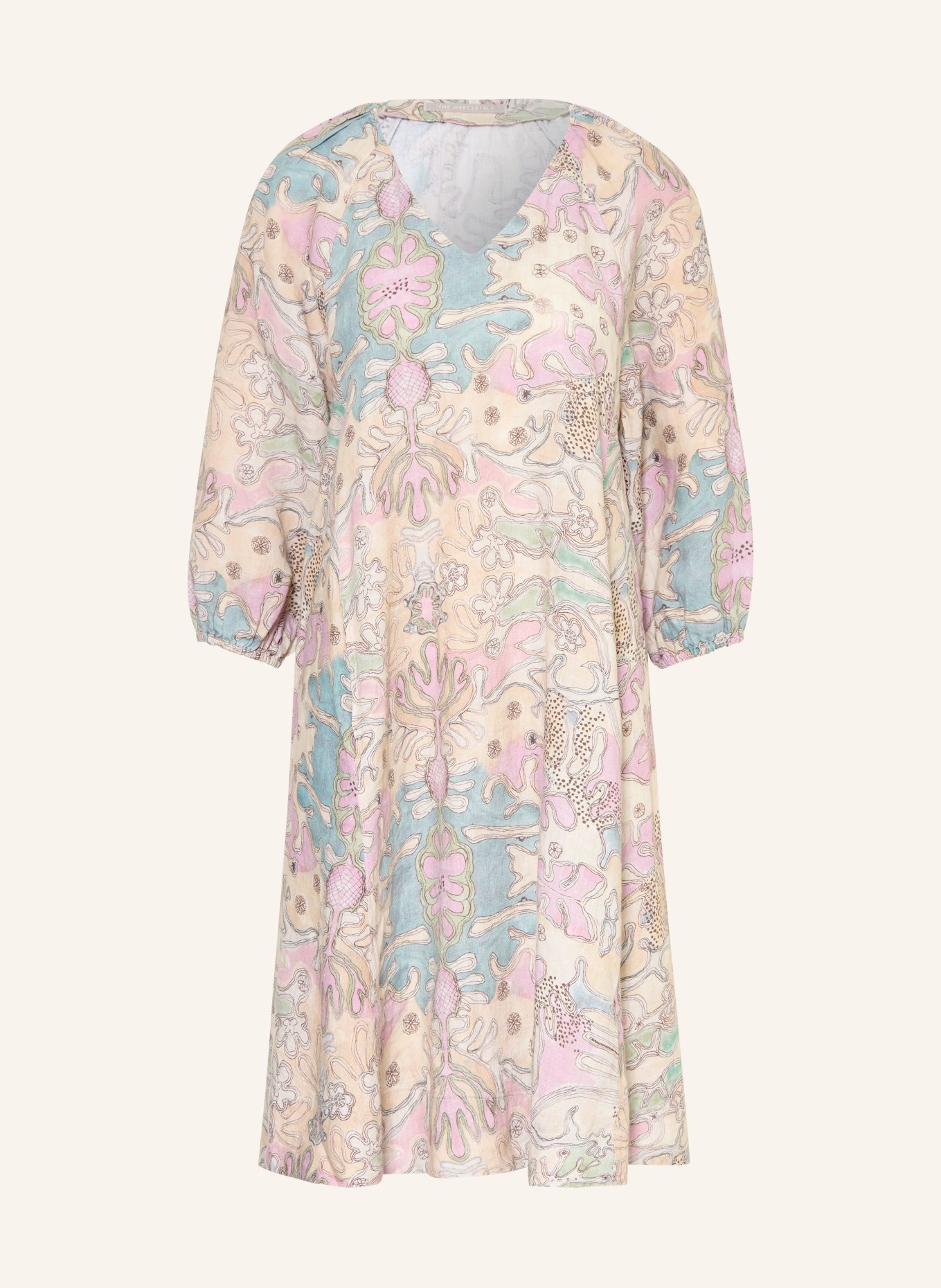 (THE MERCER) N.Y. Leinenkleid mit 3/4-Arm: BEIGE / ROSA / BLAU