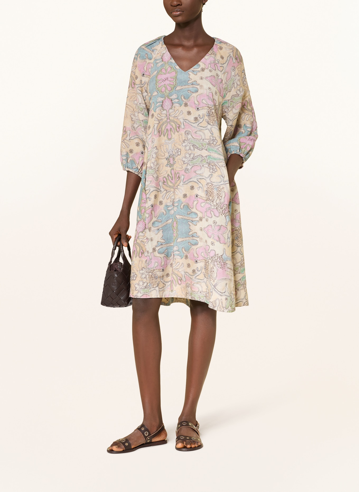 (THE MERCER) N.Y. Leinenkleid mit 3/4-Arm: BEIGE / ROSA / BLAU