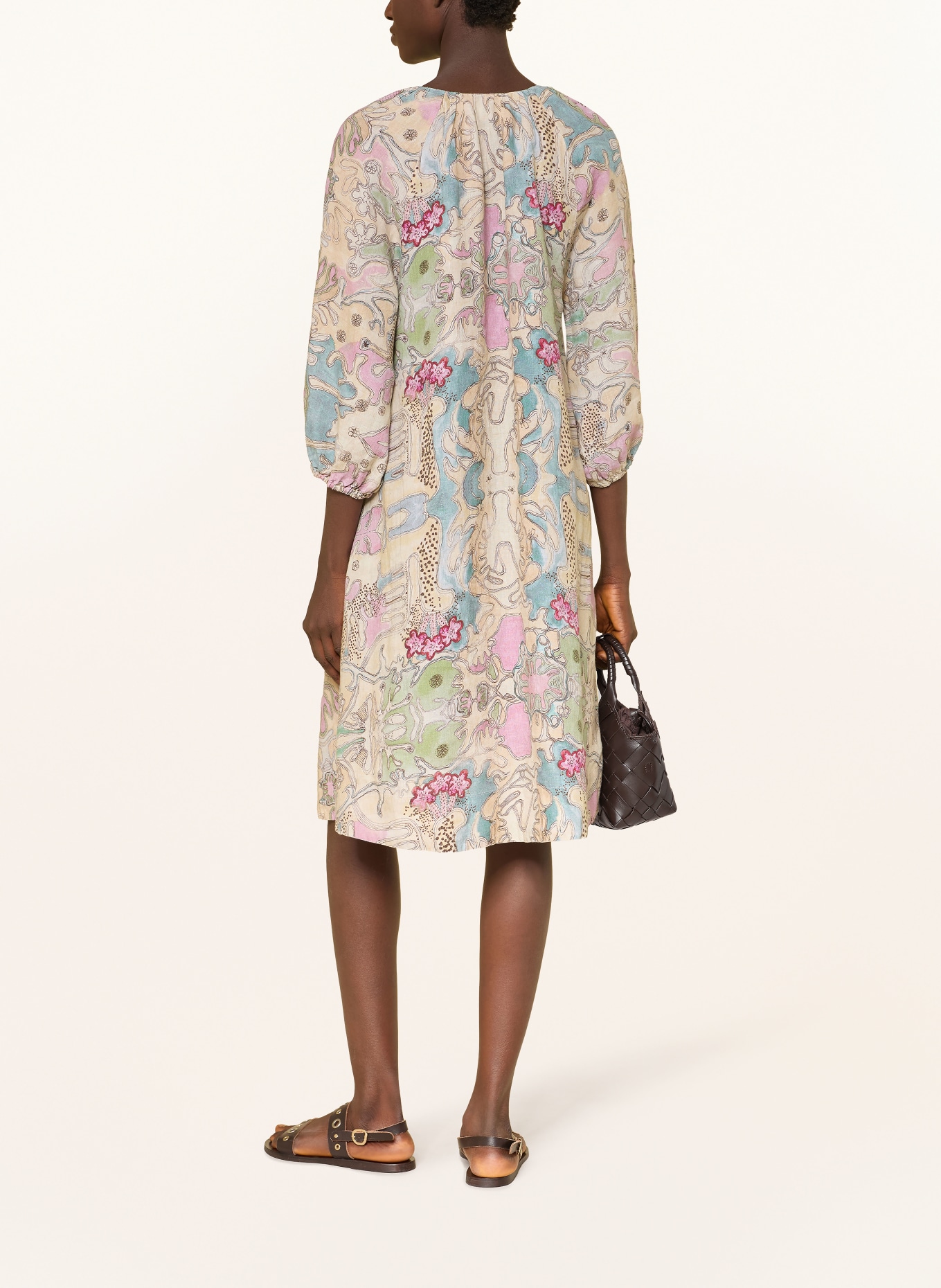 (THE MERCER) N.Y. Leinenkleid mit 3/4-Arm: BEIGE / ROSA / BLAU