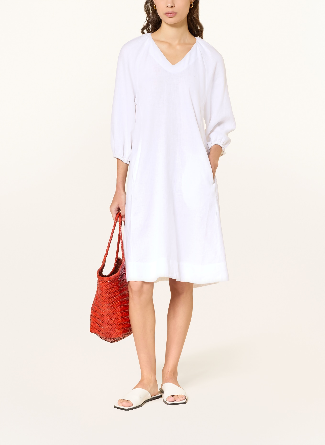 (THE MERCER) N.Y. Lněné šaty s 3/4 rukávy: BÍLÁ